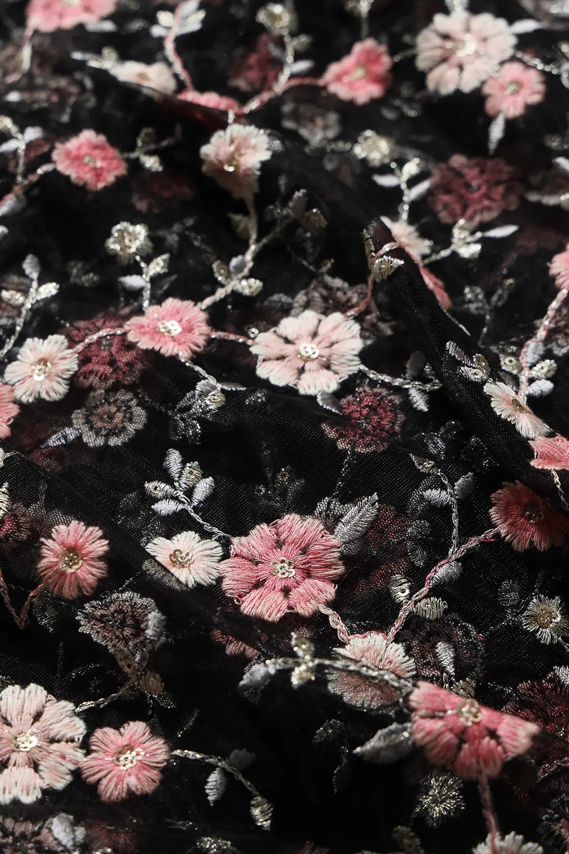Pink And Cream Thread With Gold Sequins Floral Embroidery On Black Soft Net Fabric