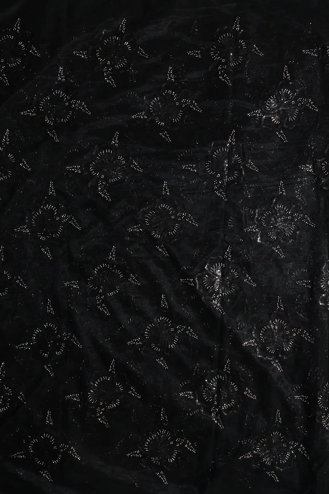 Black Thread & Gold Beads With Water Sequins Floral Embroidery On Black Soft Net Fabric