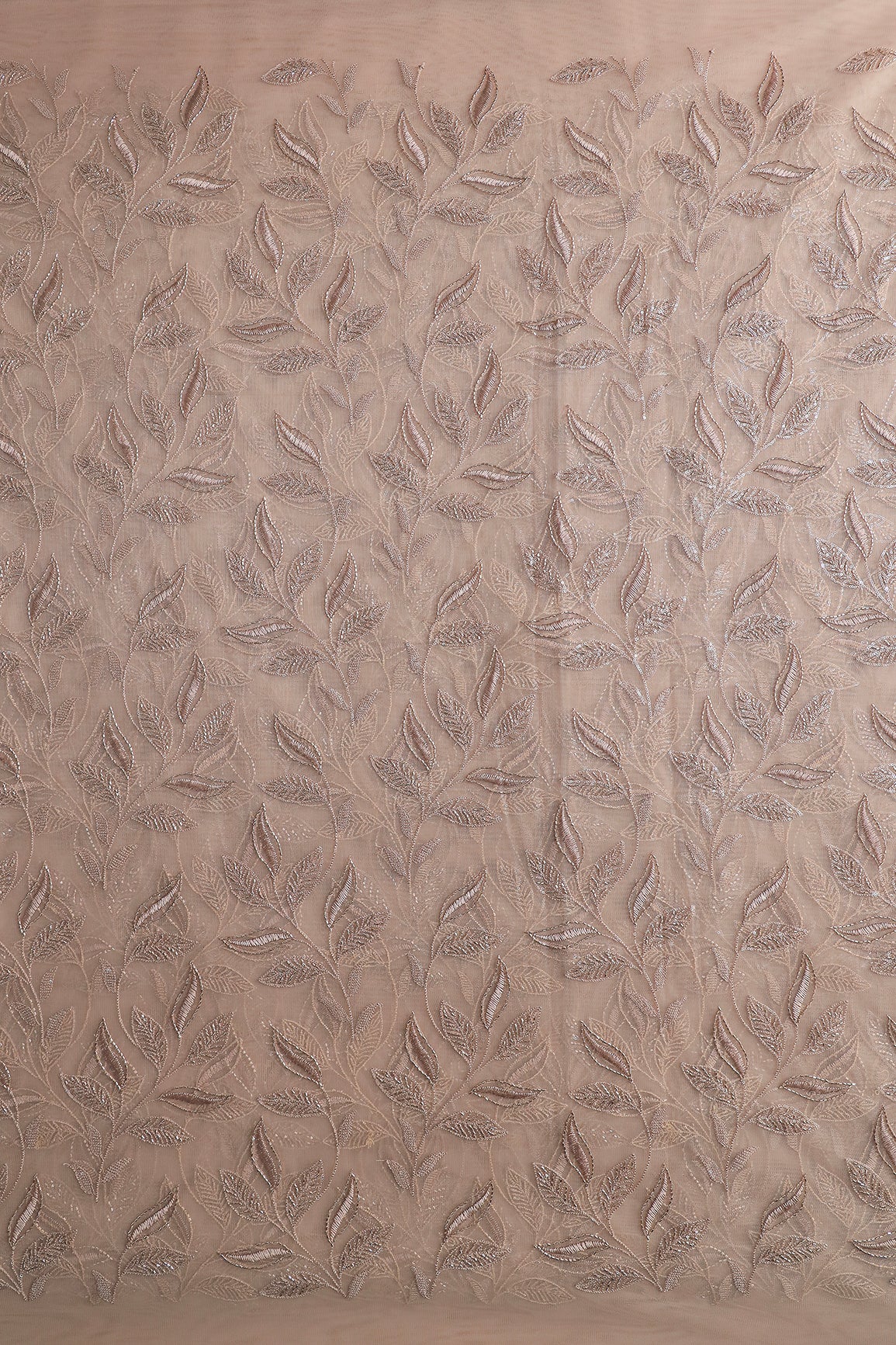 Brown Thread & Beads With Water Sequins Leafy Embroidery Work On Brown Soft Net Fabric