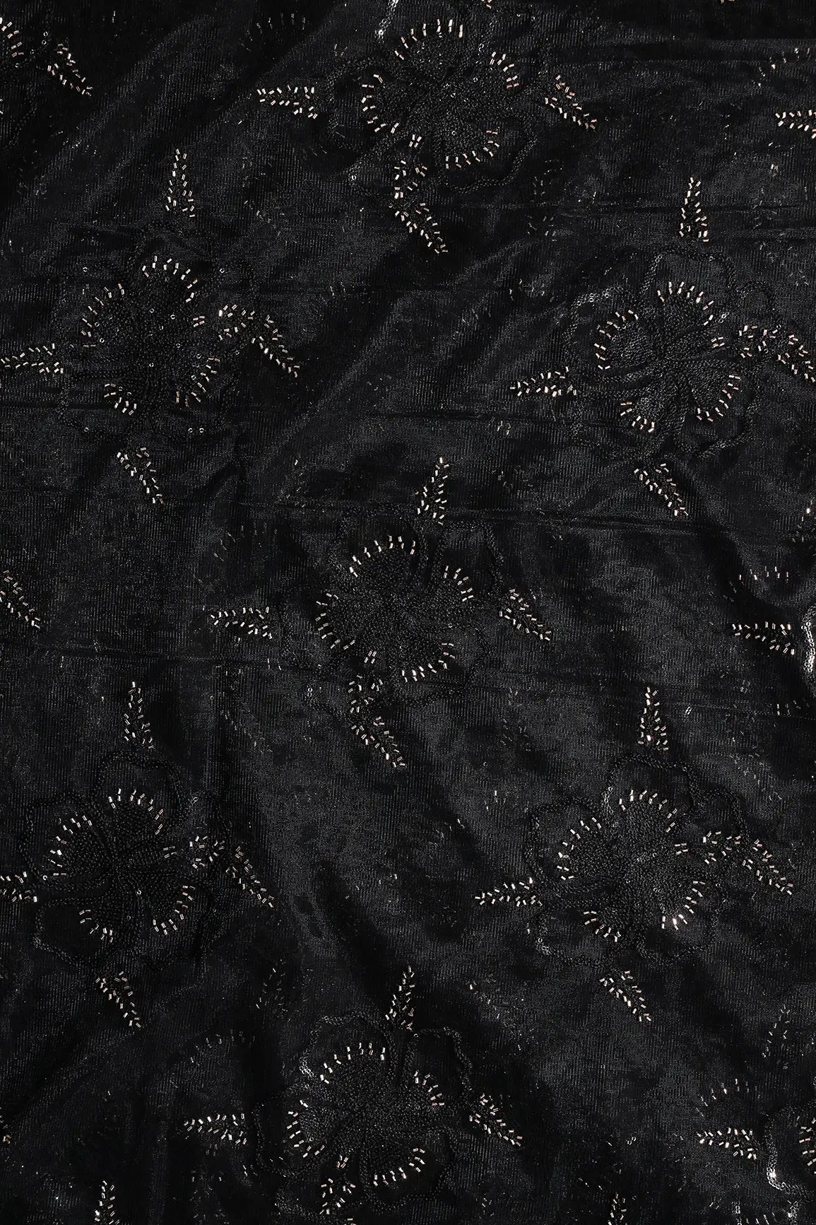 Black Thread & Gold Beads With Water Sequins Floral Embroidery On Black Soft Net Fabric