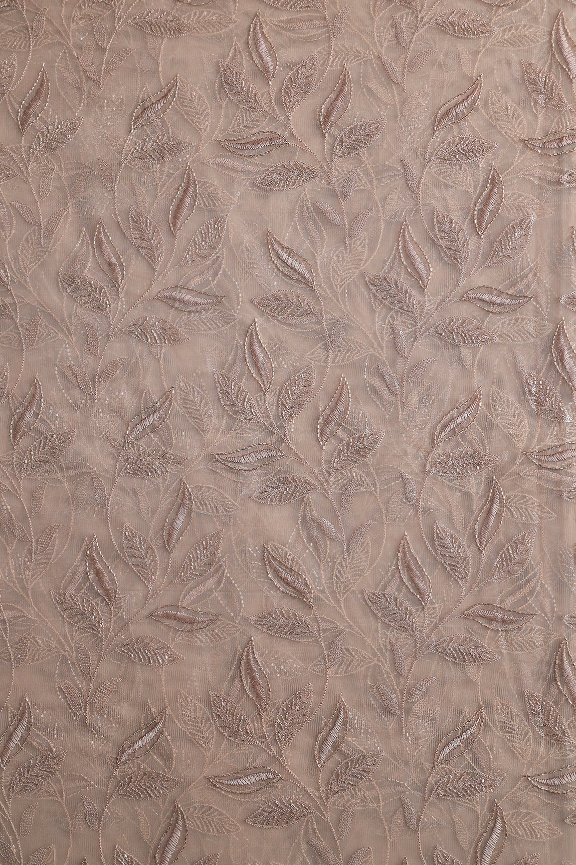 Brown Thread & Beads With Water Sequins Leafy Embroidery Work On Brown Soft Net Fabric