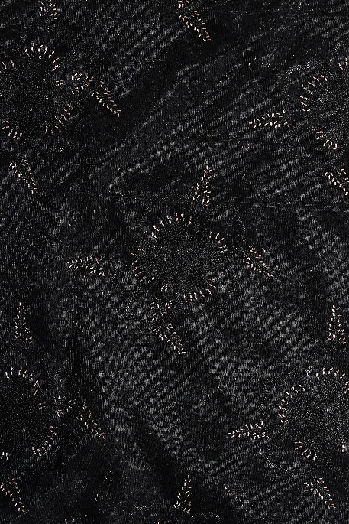 Black Thread & Gold Beads With Water Sequins Floral Embroidery On Black Soft Net Fabric