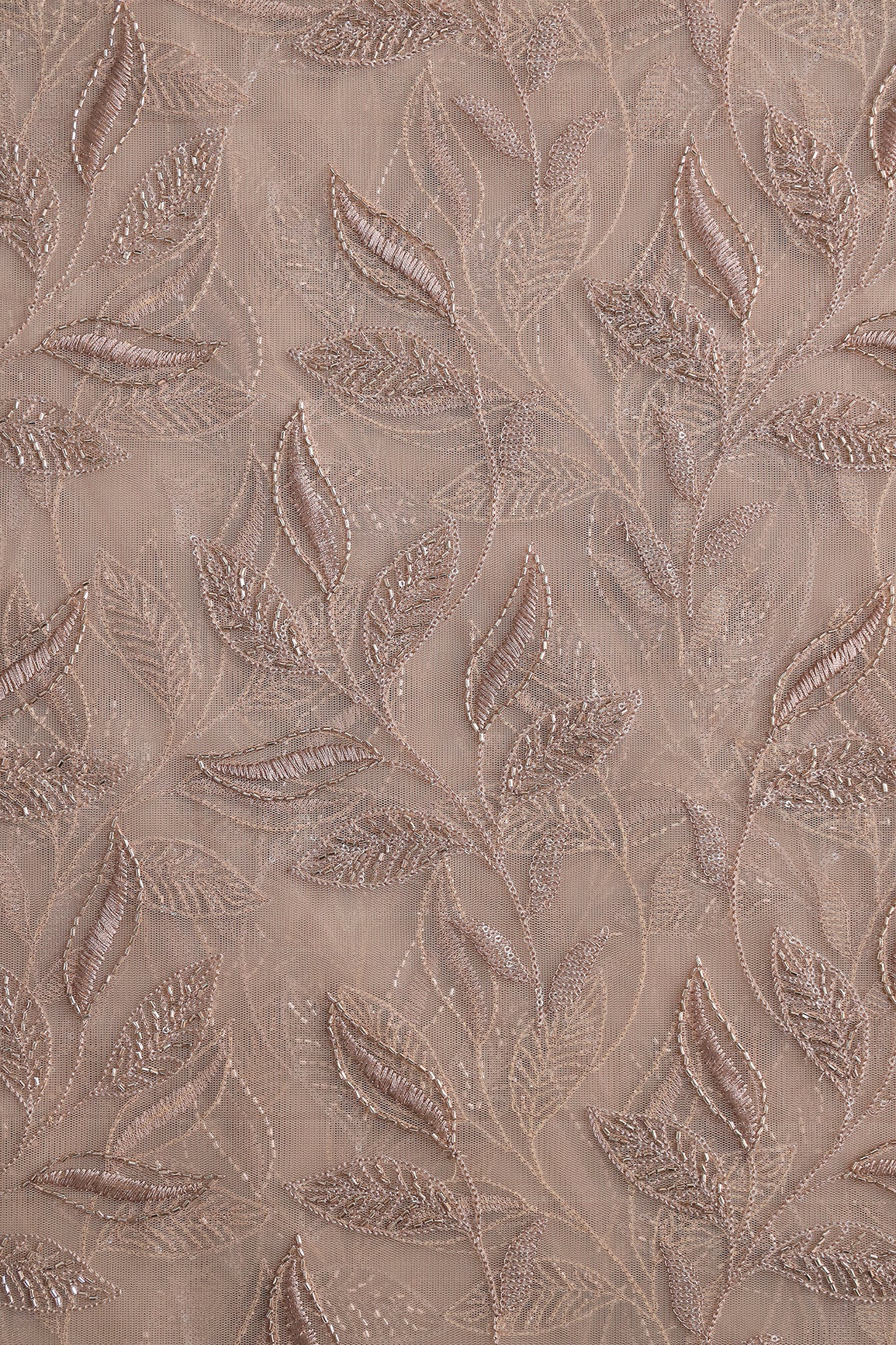 Brown Thread & Beads With Water Sequins Leafy Embroidery Work On Brown Soft Net Fabric