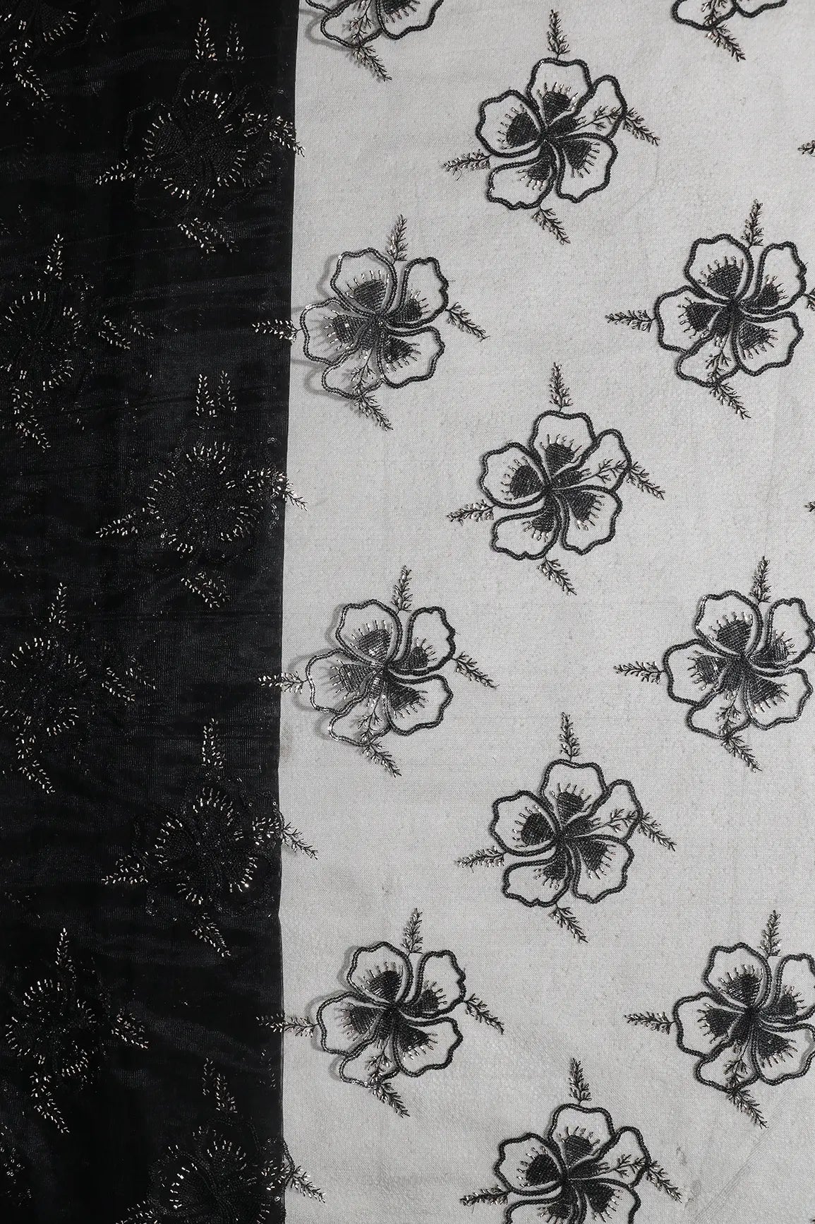 Black Thread & Gold Beads With Water Sequins Floral Embroidery On Black Soft Net Fabric