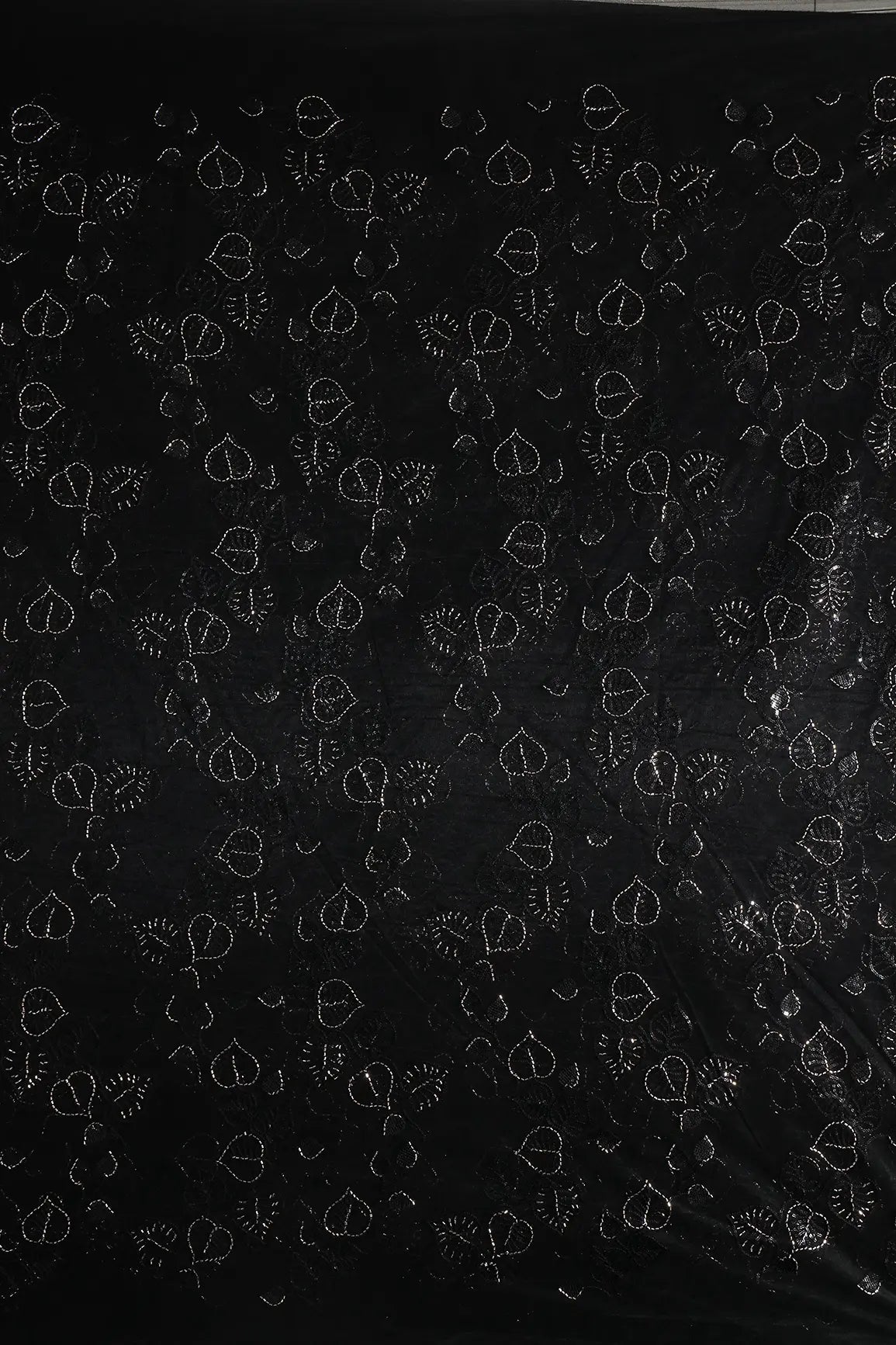Black Thread & Gold Beads With Water Sequins Floral Embroidery On Black Soft Net Fabric
