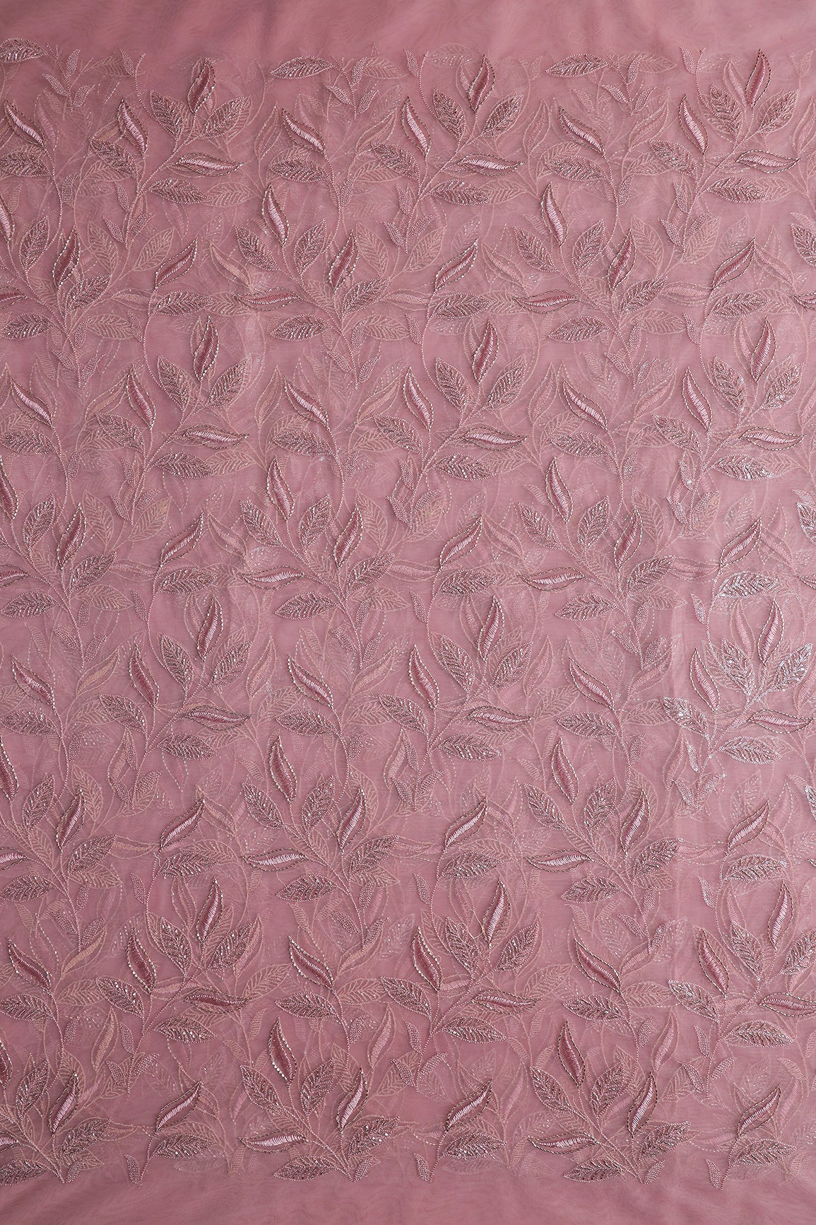 Dusty Pink Thread & Beads With Water Sequins Leafy Embroidery Work On Dusty Pink Soft Net Fabric
