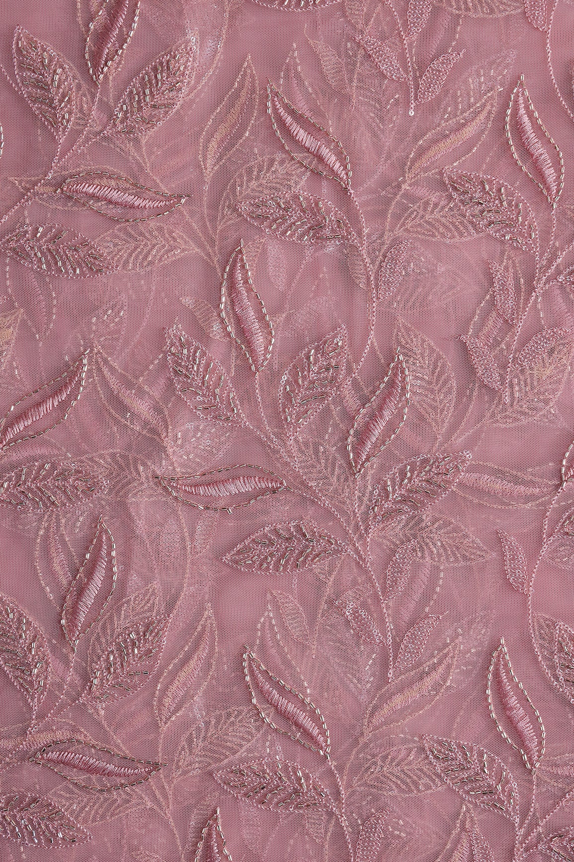 Dusty Pink Thread & Beads With Water Sequins Leafy Embroidery Work On Dusty Pink Soft Net Fabric