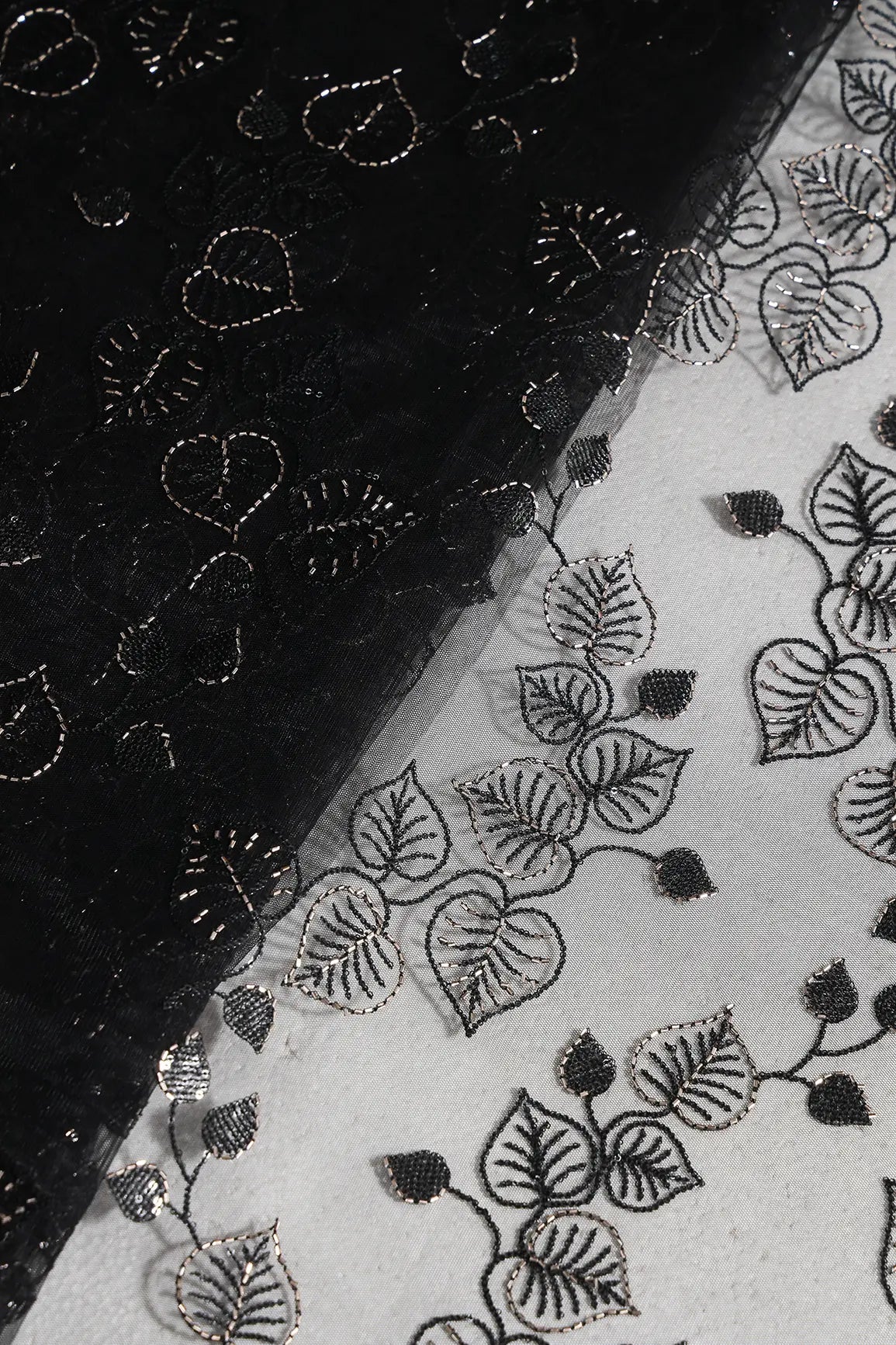 Black Thread & Gold Beads With Water Sequins Floral Embroidery On Black Soft Net Fabric