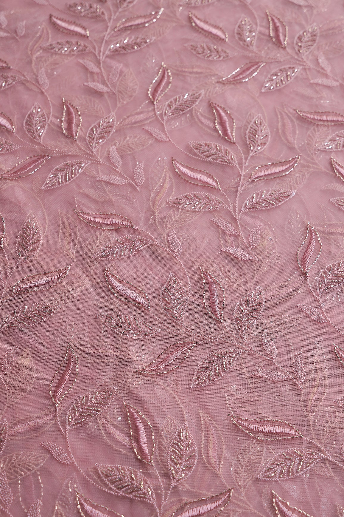 Dusty Pink Thread & Beads With Water Sequins Leafy Embroidery Work On Dusty Pink Soft Net Fabric