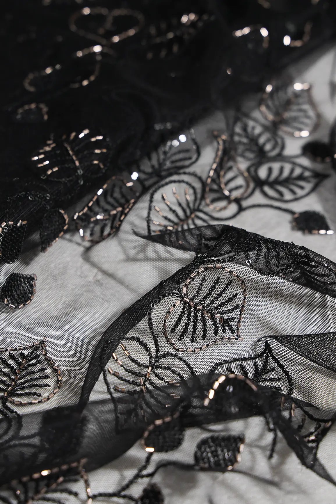 Black Thread & Gold Beads With Water Sequins Floral Embroidery On Black Soft Net Fabric