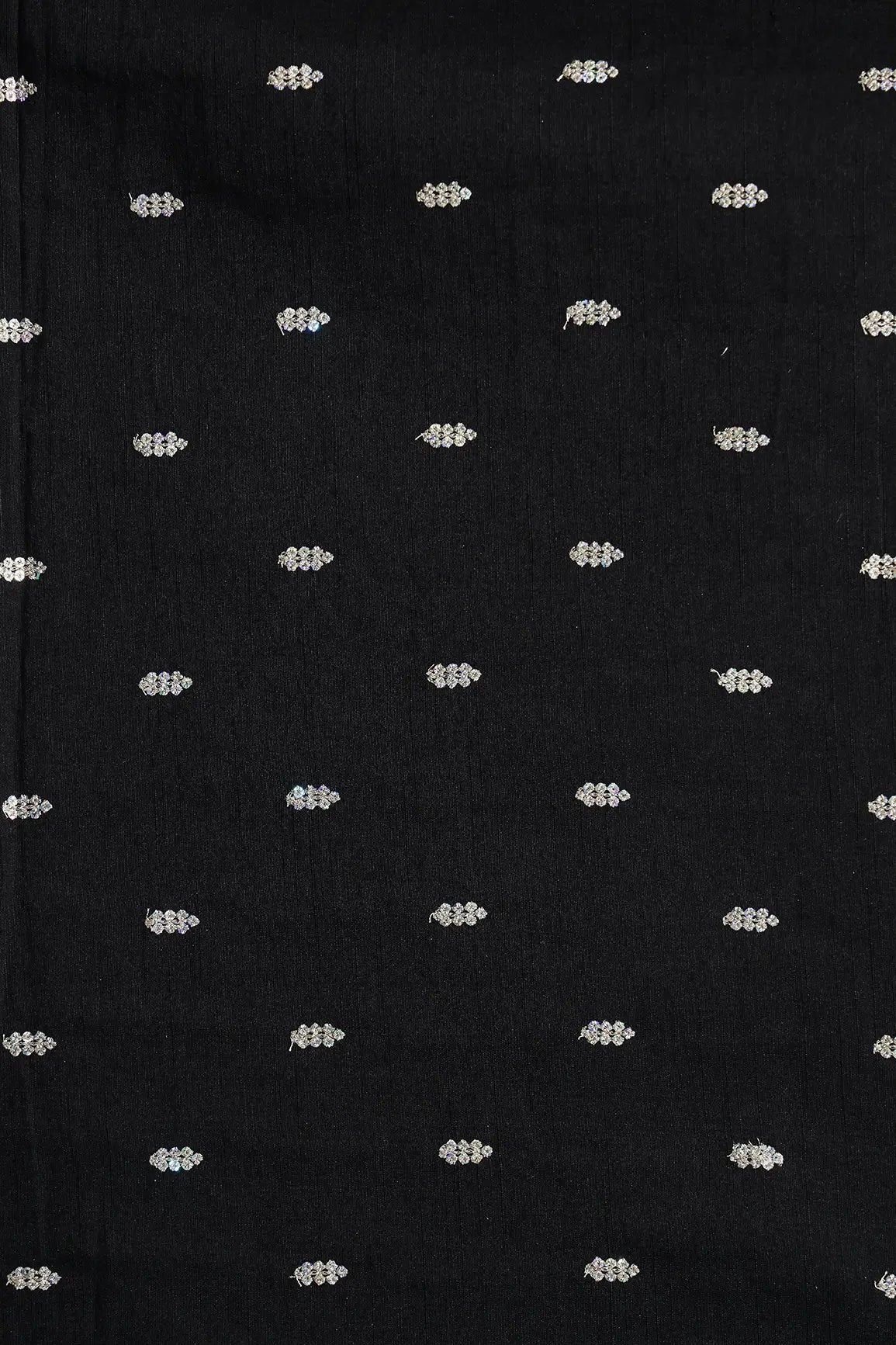 Silver Sequins With Gold Zari Small Motif Embroidery Work On Black Raw Silk Fabric