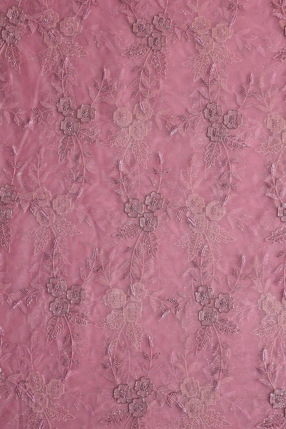 Pink Thread & Beads With Water Sequins Floral Embroidery Work On Pink Soft Net Fabric