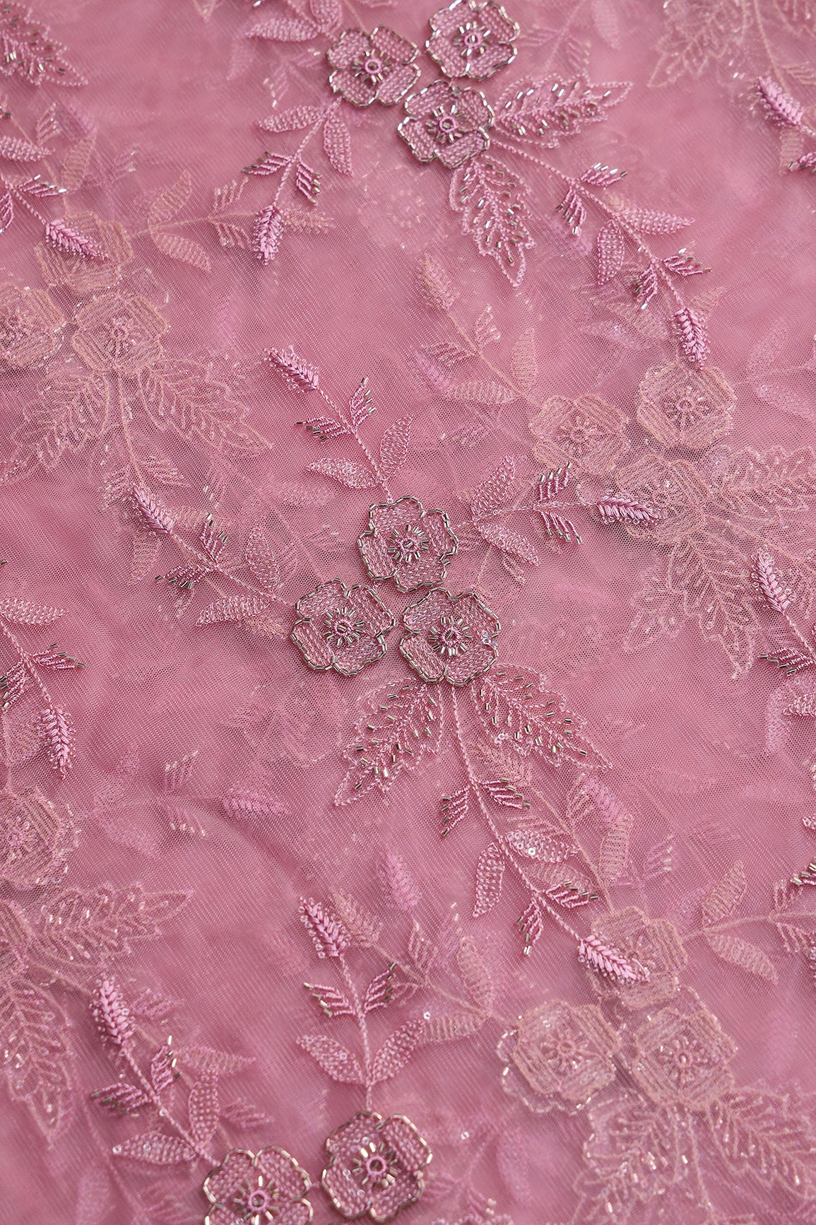 Pink Thread & Beads With Water Sequins Floral Embroidery Work On Pink Soft Net Fabric