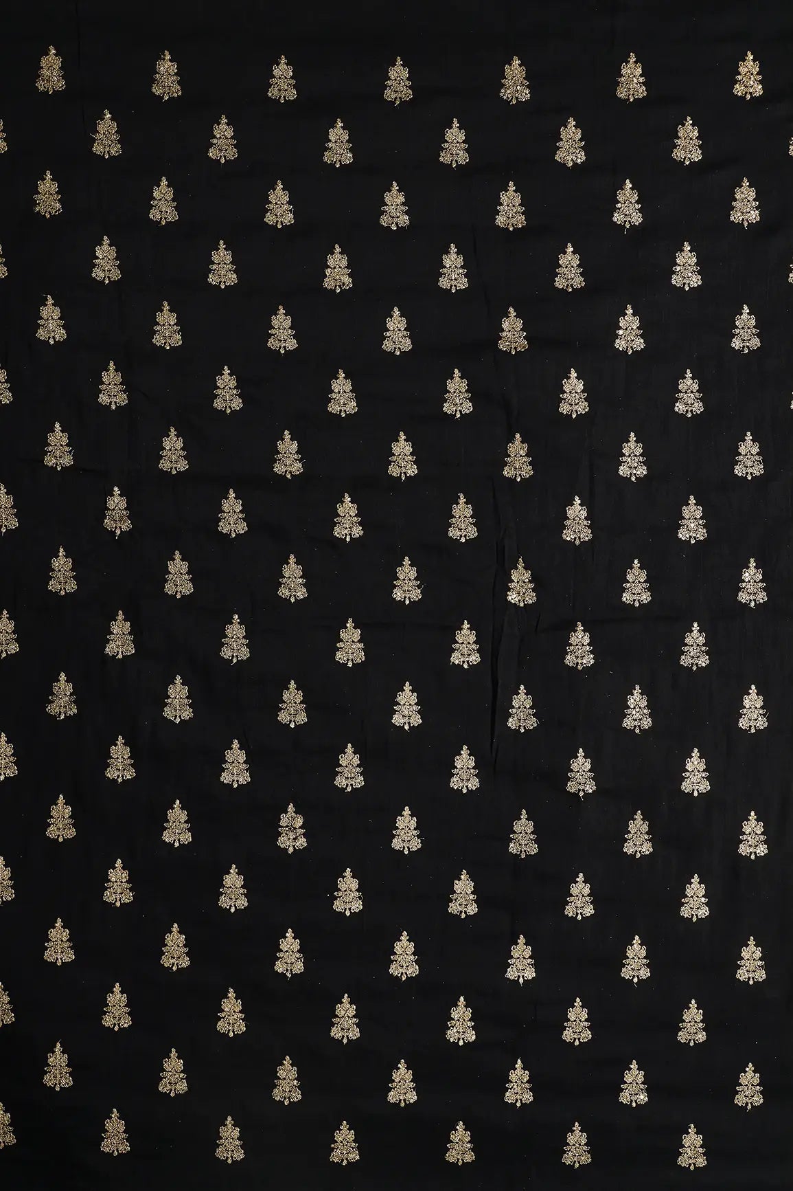 Gold Sequins With Gold Zari Big Motif Embroidery Work On Black Raw Silk Fabric