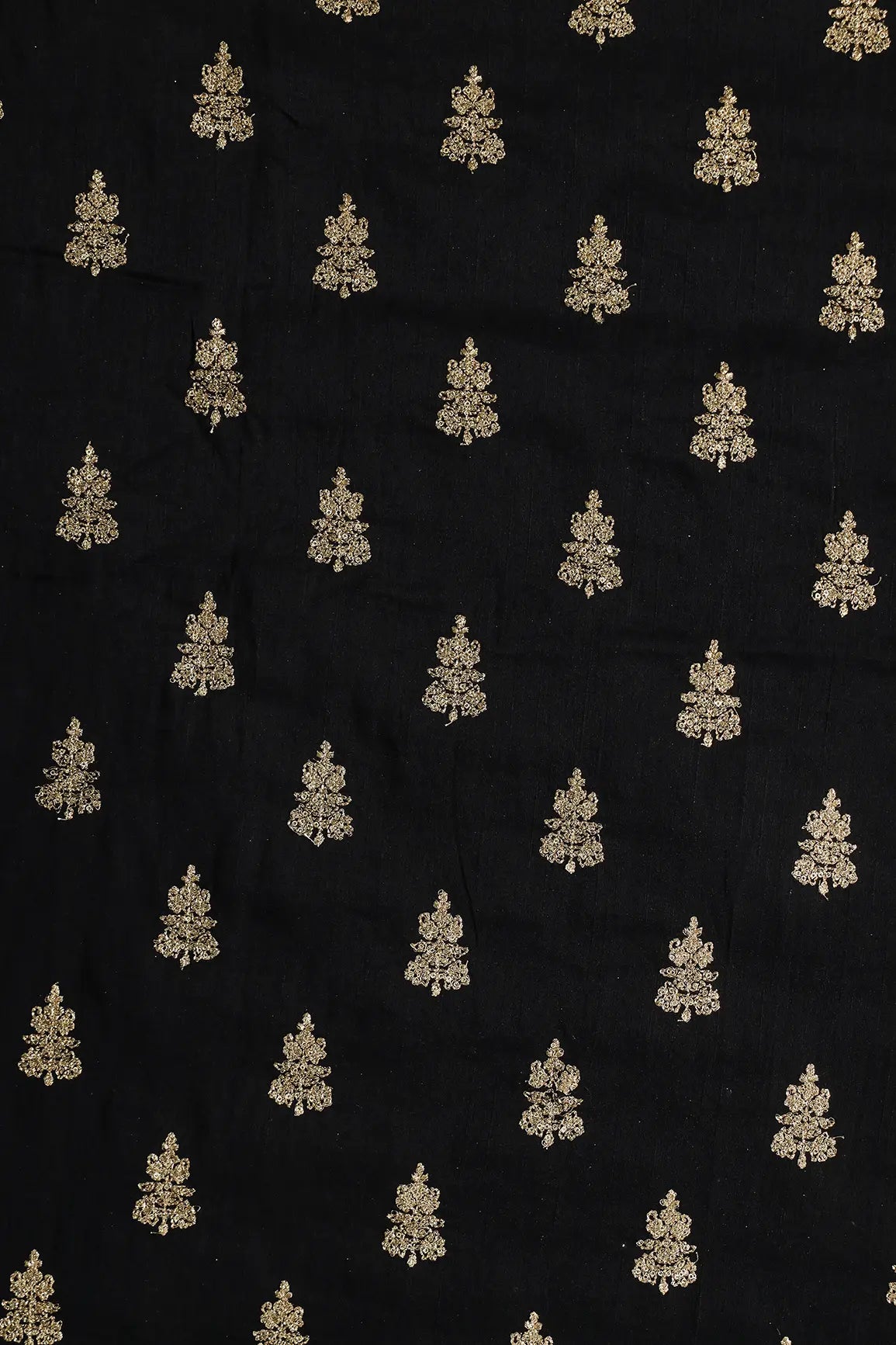 Gold Sequins With Gold Zari Big Motif Embroidery Work On Black Raw Silk Fabric