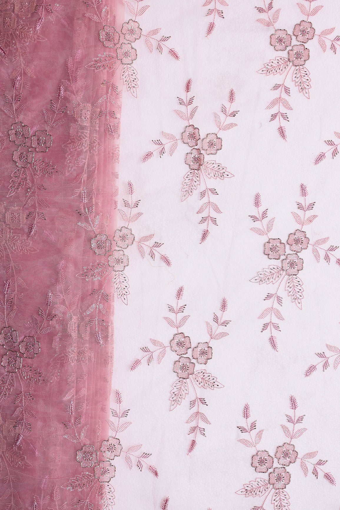 Pink Thread & Beads With Water Sequins Floral Embroidery Work On Pink Soft Net Fabric