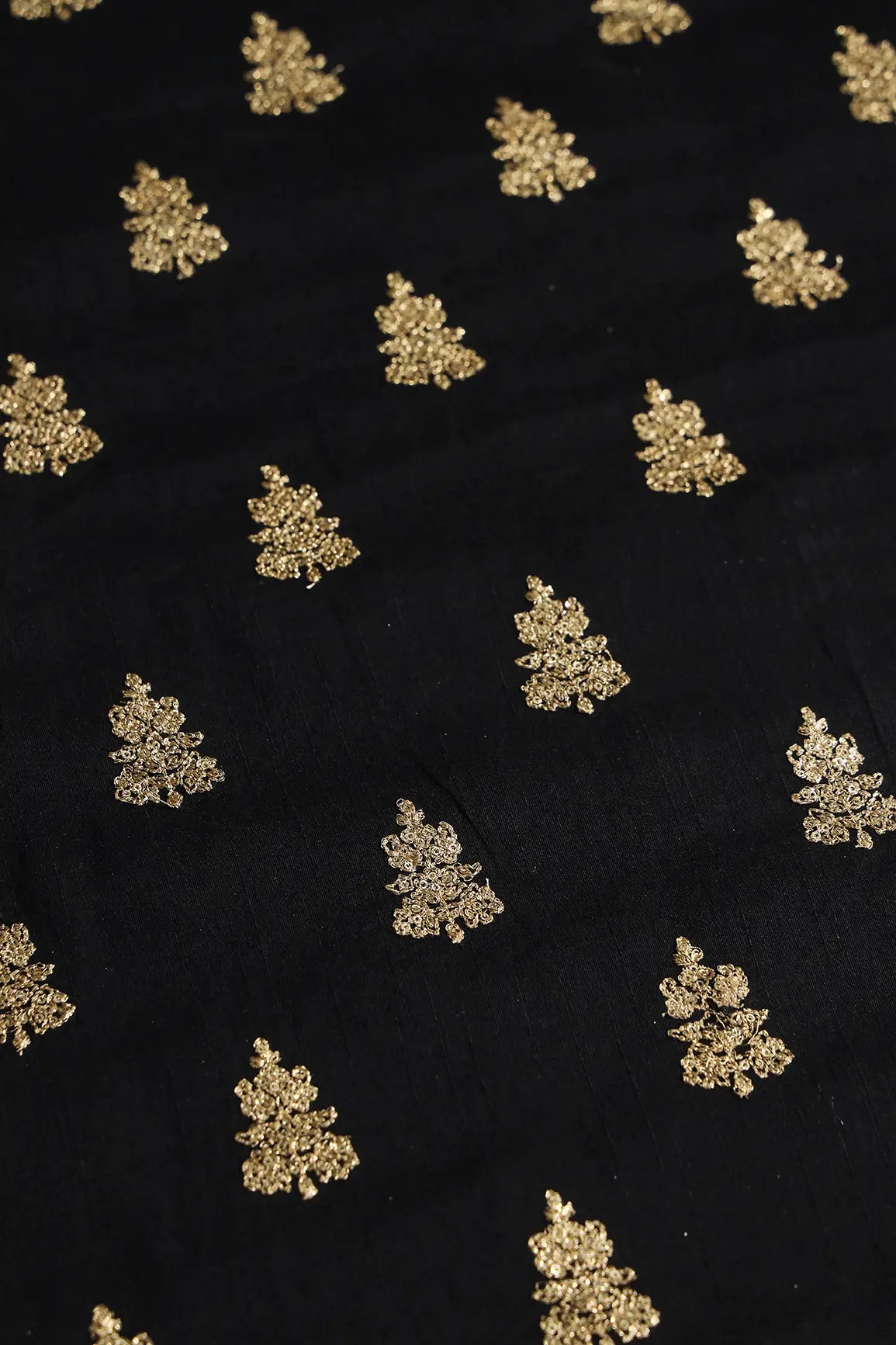 Gold Sequins With Gold Zari Big Motif Embroidery Work On Black Raw Silk Fabric