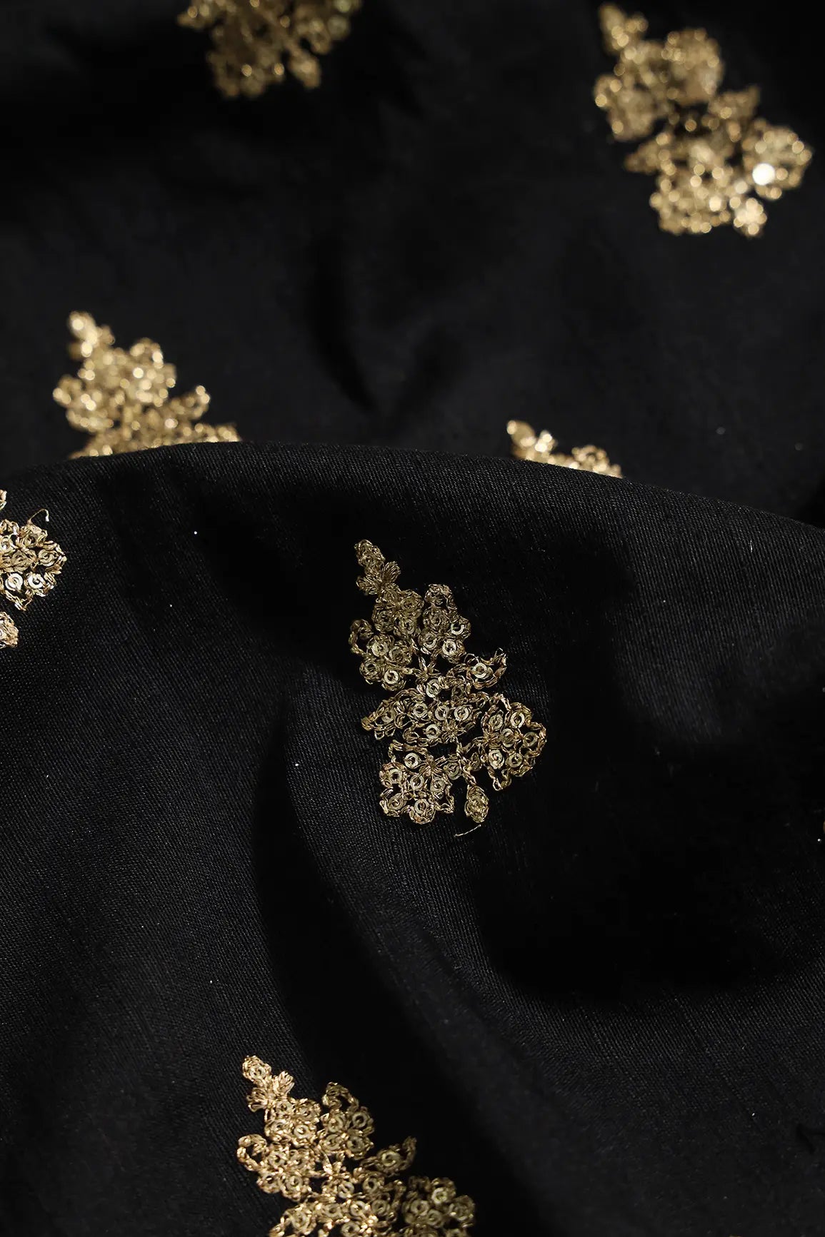 Gold Sequins With Gold Zari Big Motif Embroidery Work On Black Raw Silk Fabric