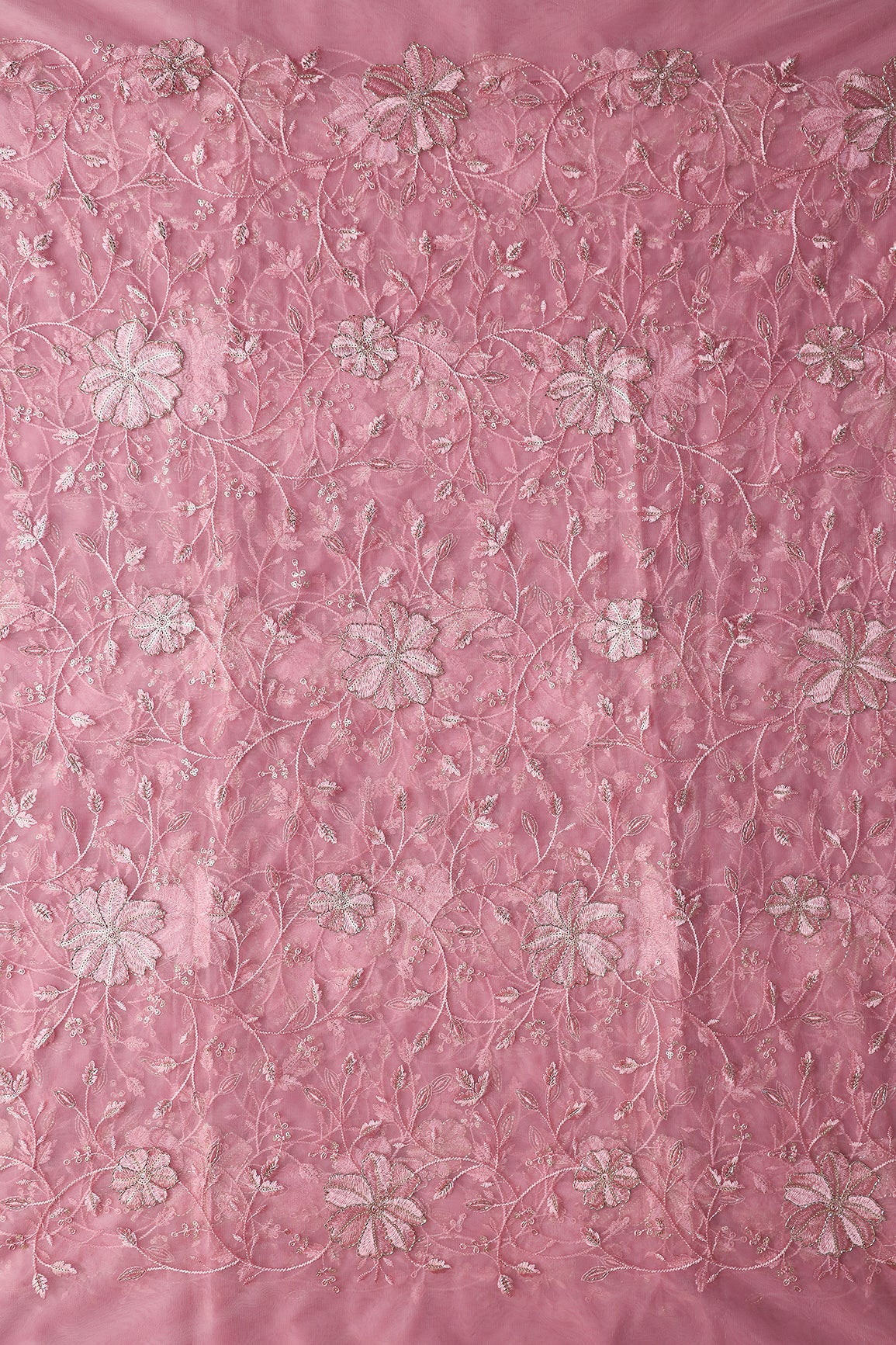 Pink Thread & Beads With Gold Sequins Floral Leafy Embroidery Work On Pink Soft Net Fabric