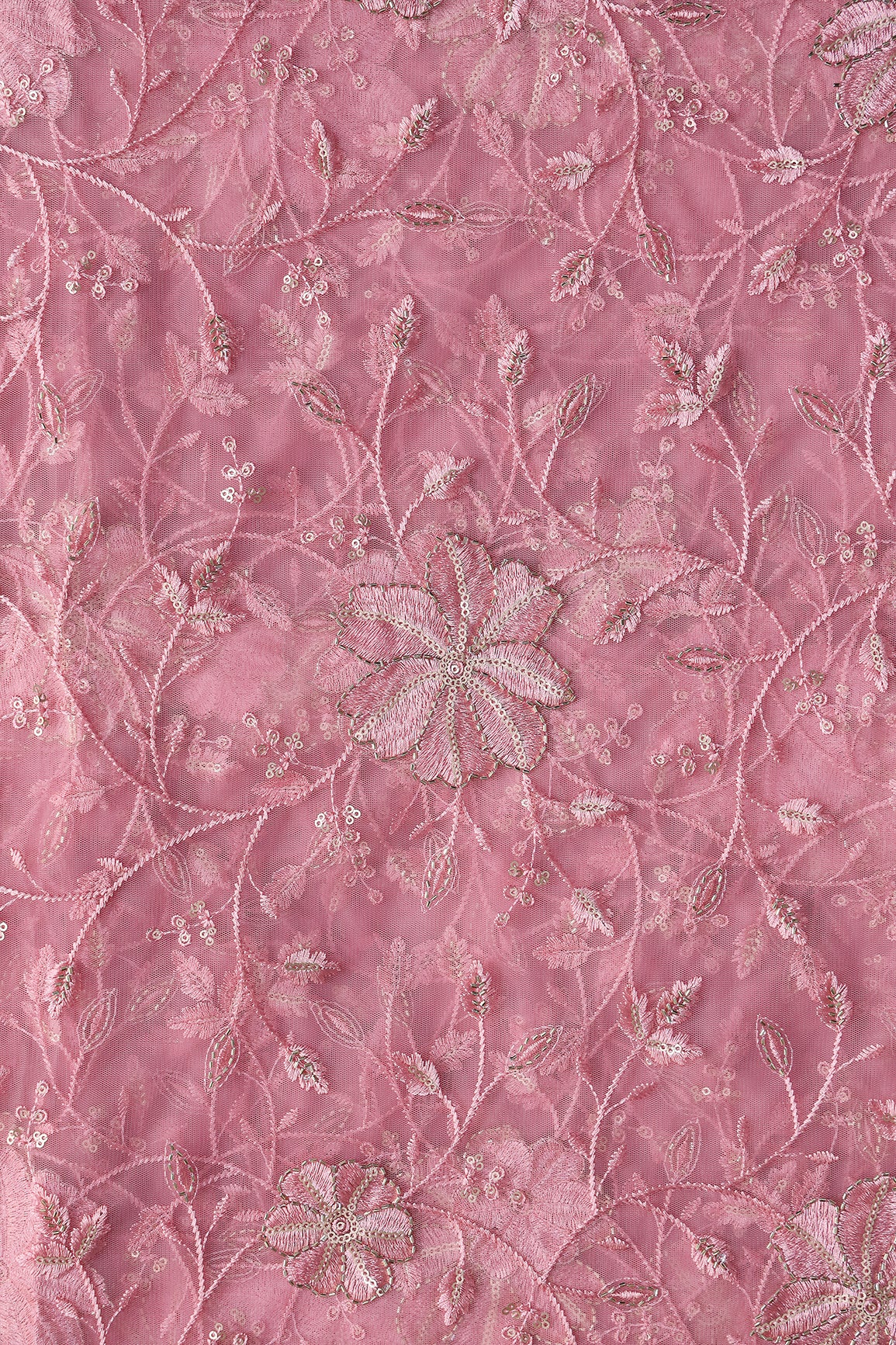 Pink Thread & Beads With Gold Sequins Floral Leafy Embroidery Work On Pink Soft Net Fabric