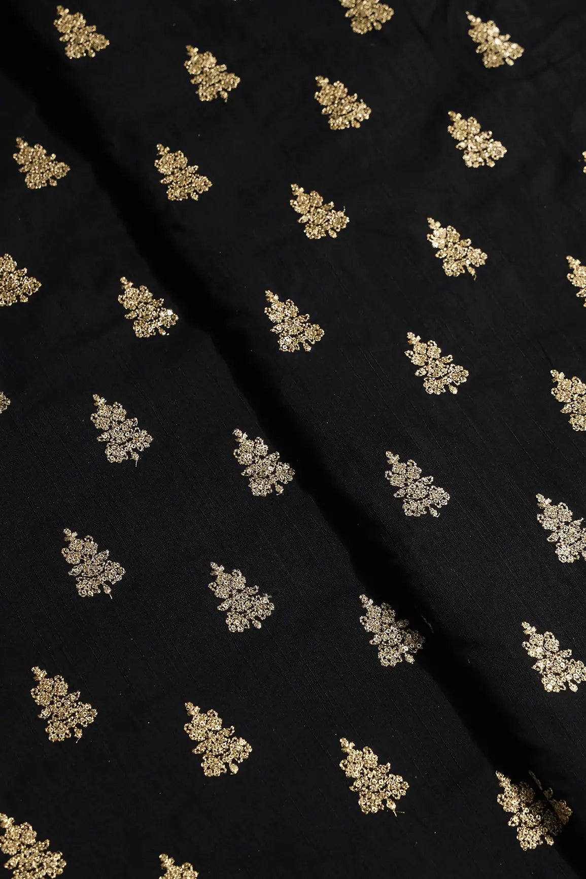 Gold Sequins With Gold Zari Big Motif Embroidery Work On Black Raw Silk Fabric