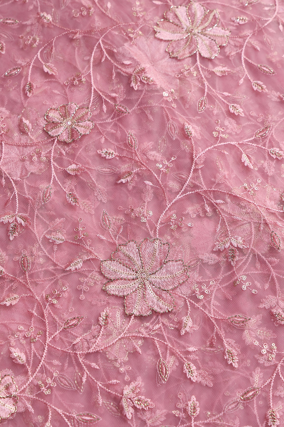 Pink Thread & Beads With Gold Sequins Floral Leafy Embroidery Work On Pink Soft Net Fabric