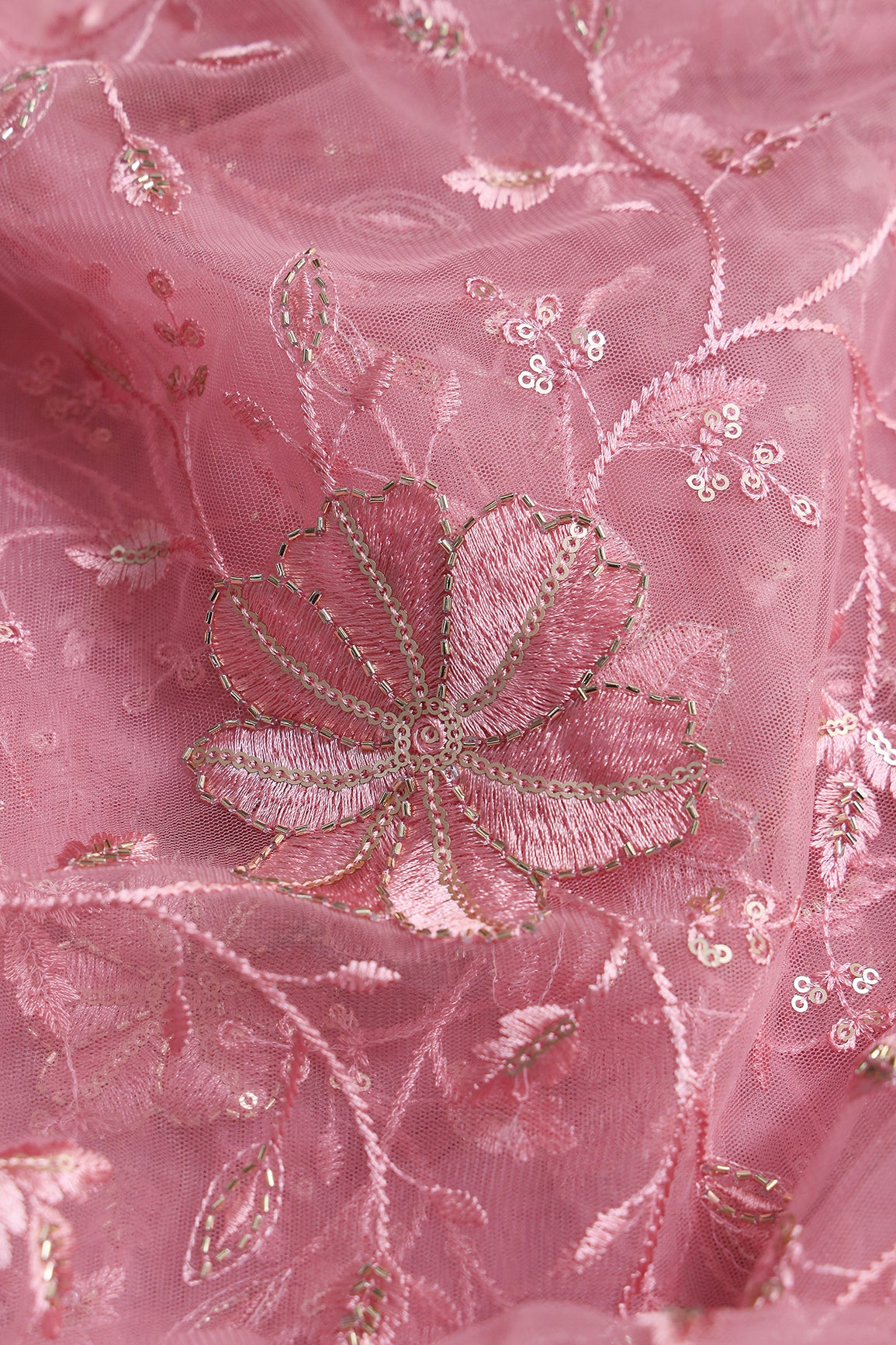 Pink Thread & Beads With Gold Sequins Floral Leafy Embroidery Work On Pink Soft Net Fabric