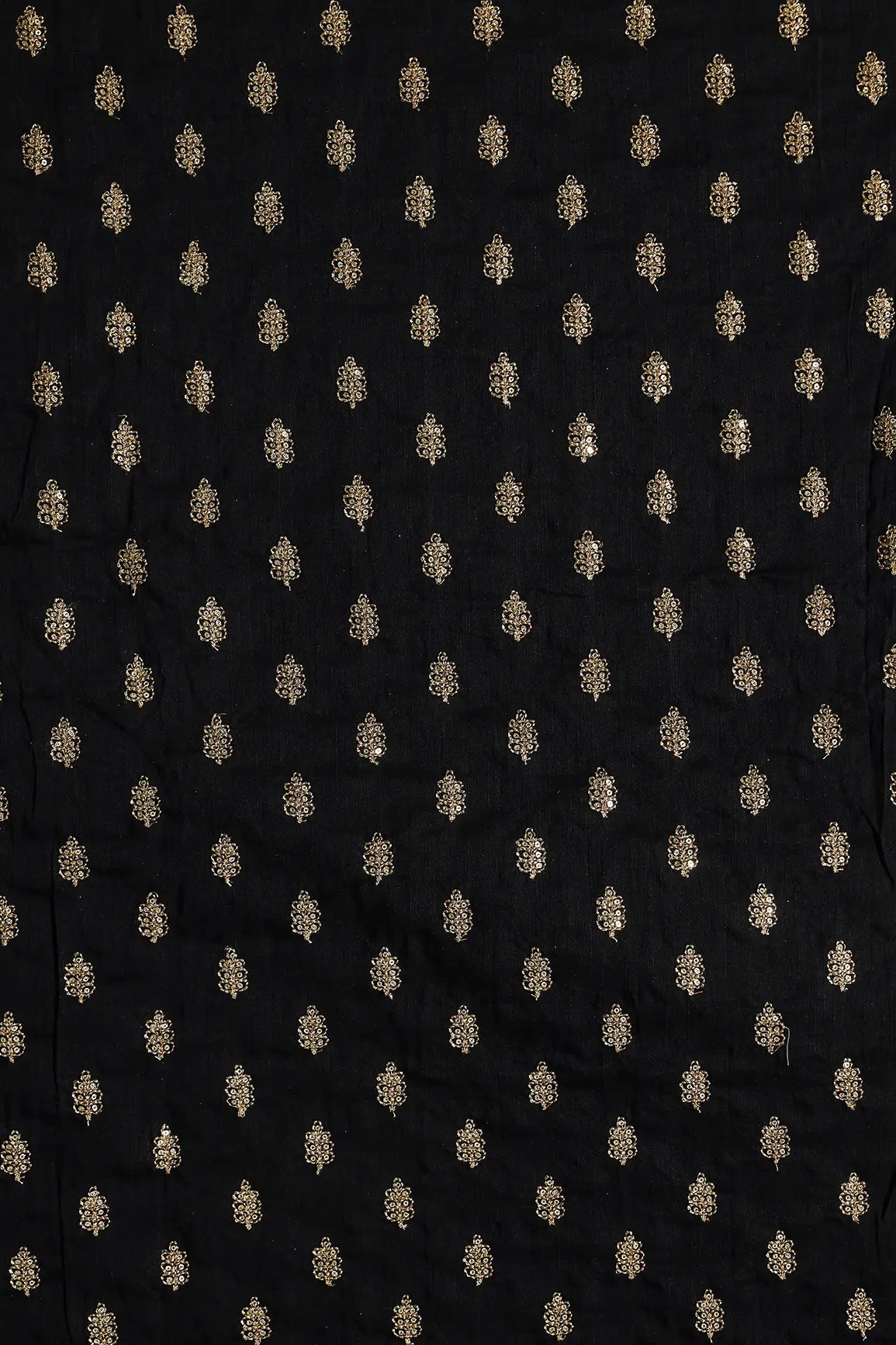 Gold Sequins With Gold Zari Small Motif Embroidery Work On Black Raw Silk Fabric