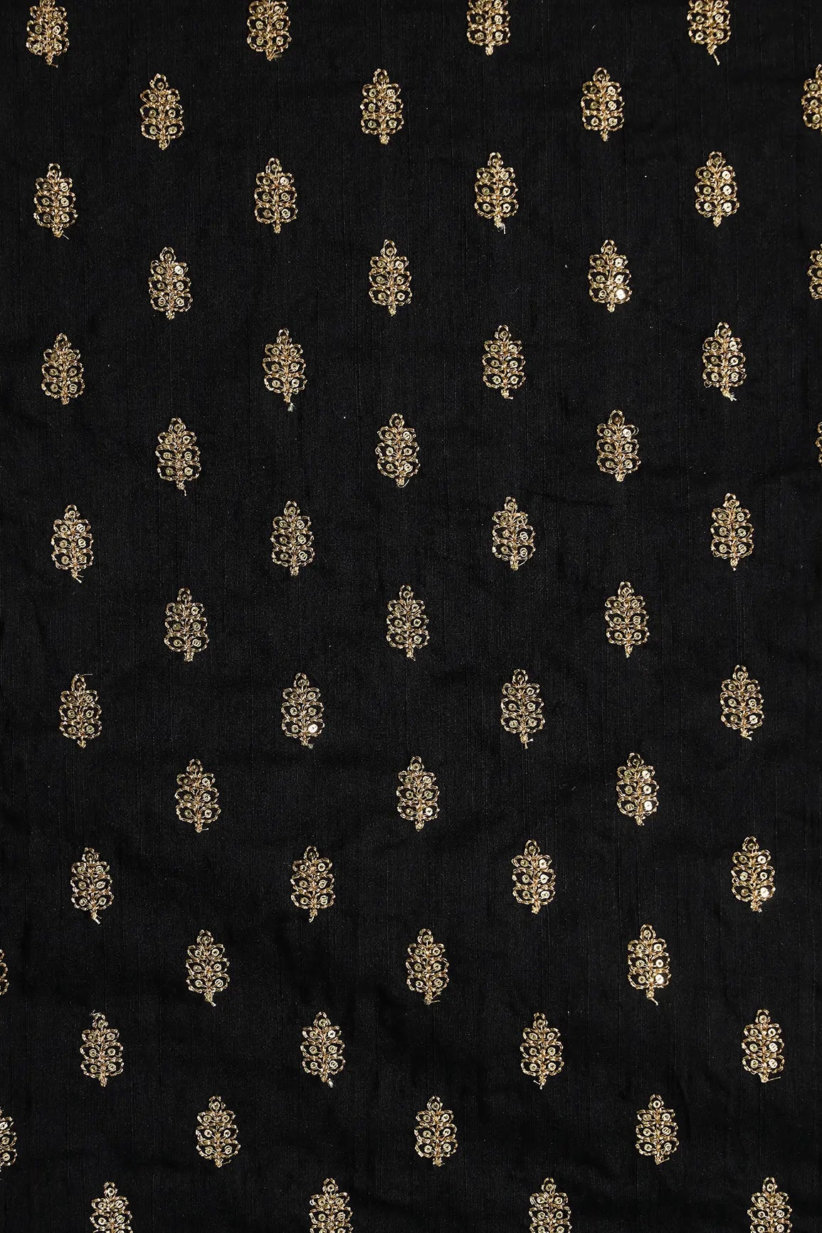 Gold Sequins With Gold Zari Small Motif Embroidery Work On Black Raw Silk Fabric