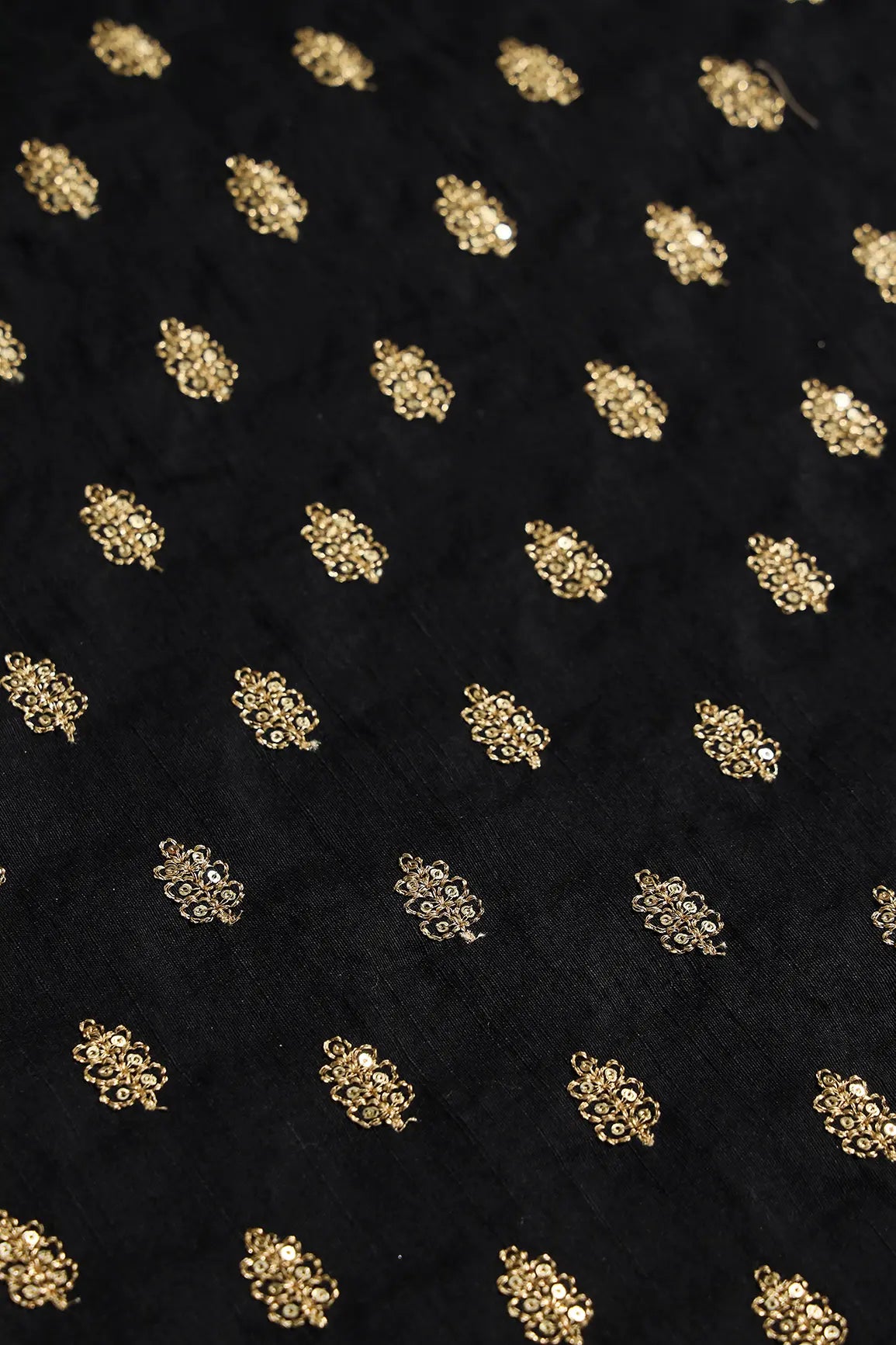 Gold Sequins With Gold Zari Small Motif Embroidery Work On Black Raw Silk Fabric