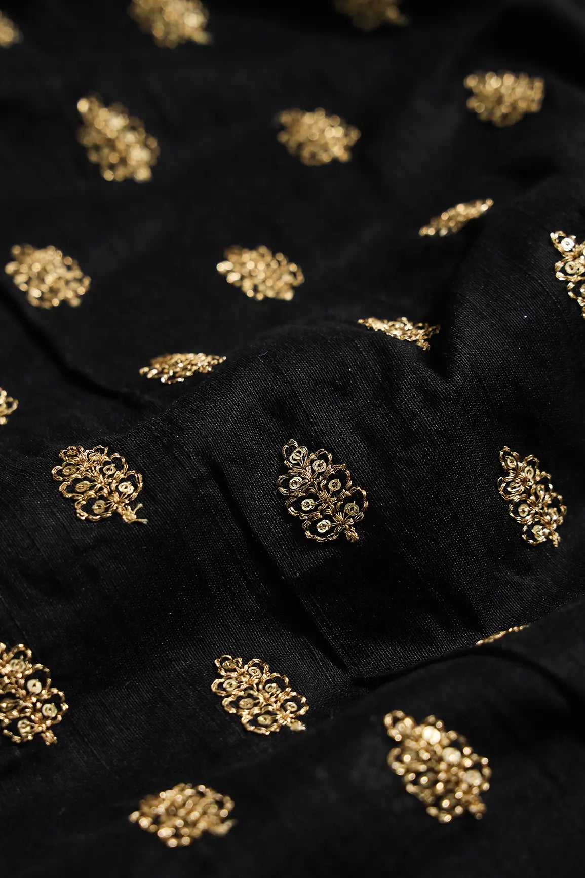 Gold Sequins With Gold Zari Small Motif Embroidery Work On Black Raw Silk Fabric