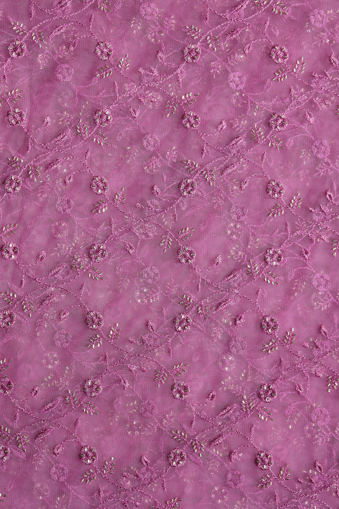 Onion Pink Thread With Beads Floral Leafy Embroidery Work On Onion Pink Soft Net Fabric