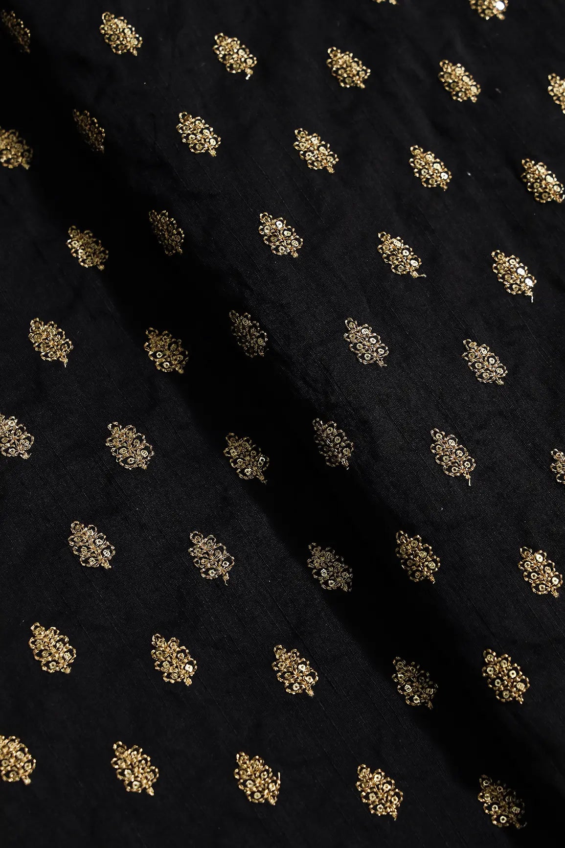 Gold Sequins With Gold Zari Small Motif Embroidery Work On Black Raw Silk Fabric