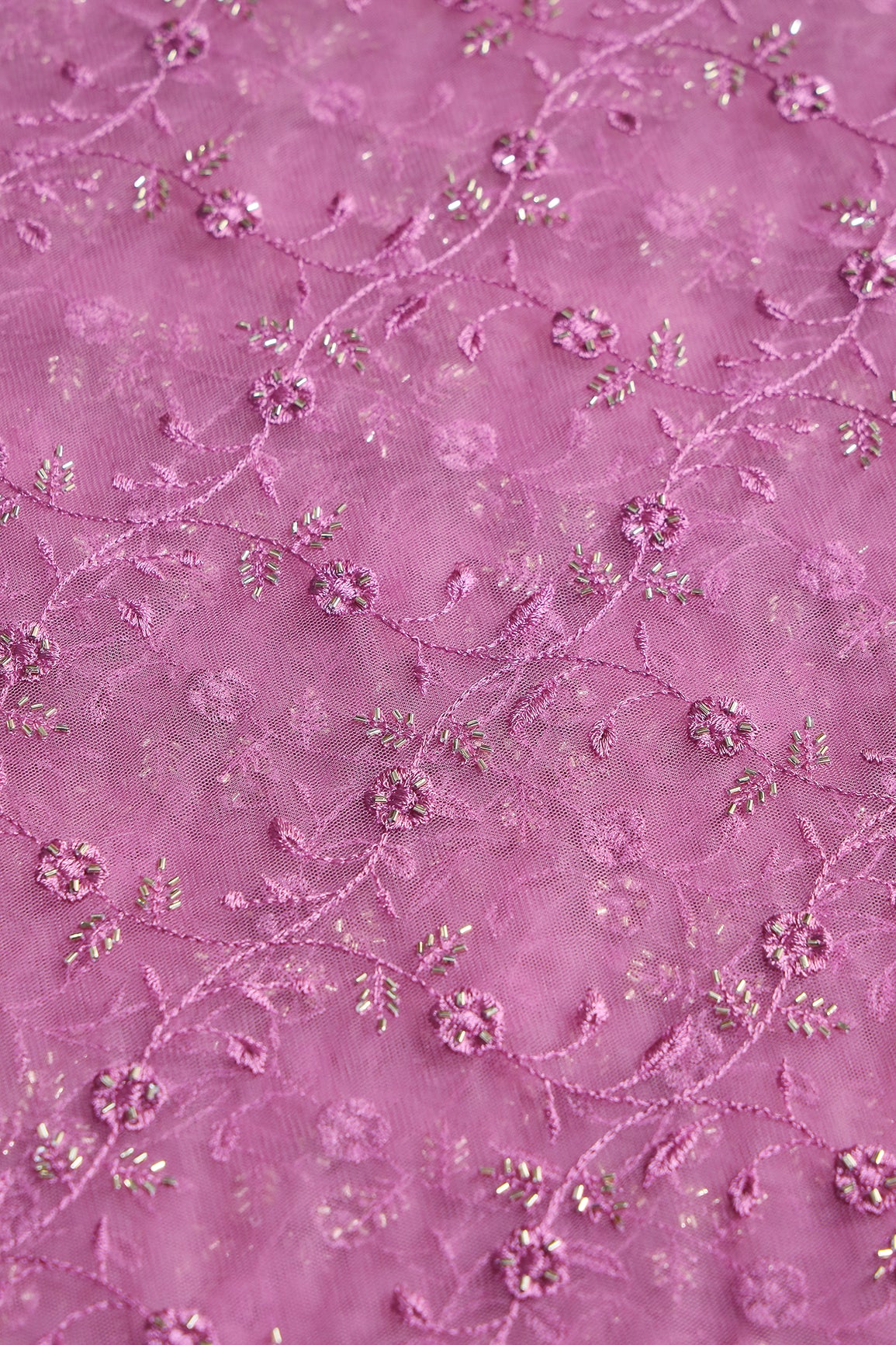 Onion Pink Thread With Beads Floral Leafy Embroidery Work On Onion Pink Soft Net Fabric