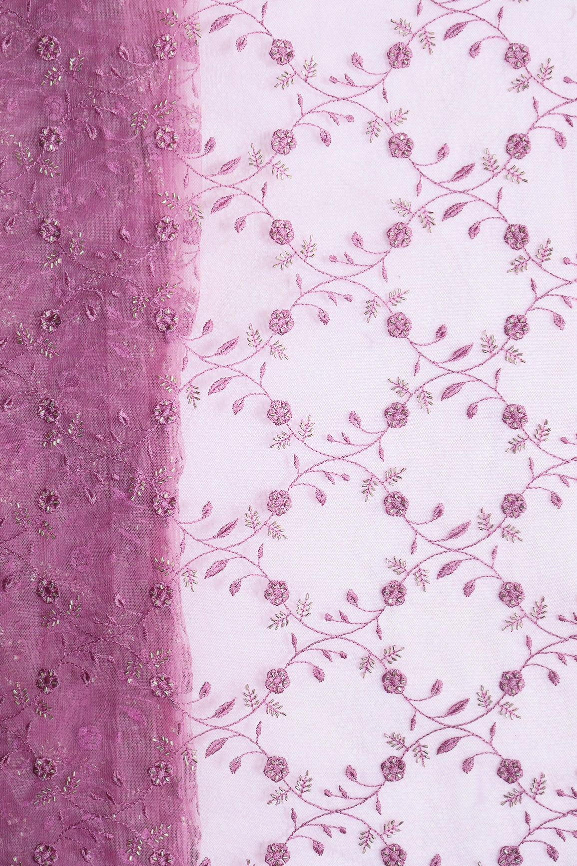 Onion Pink Thread With Beads Floral Leafy Embroidery Work On Onion Pink Soft Net Fabric
