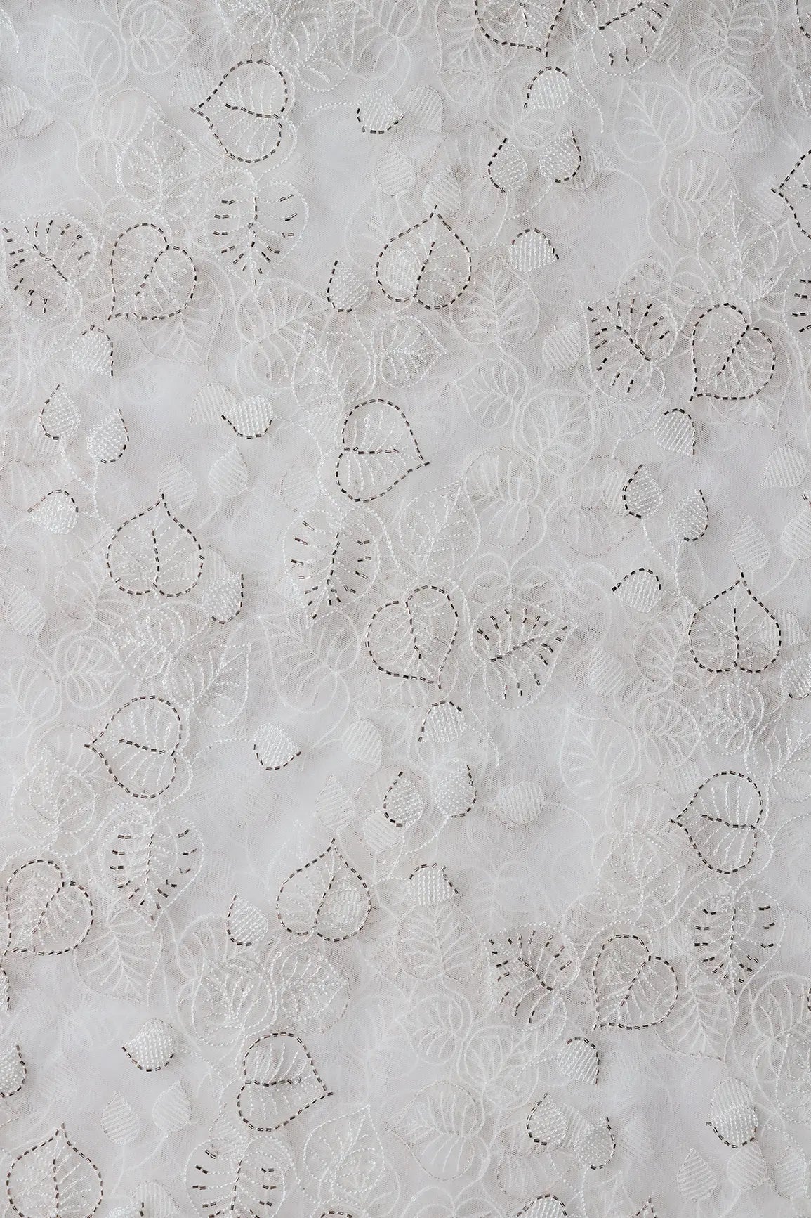 White Thread & Gold Beads With Water Sequins Floral Embroidery On Dyeable White Soft Net Fabric