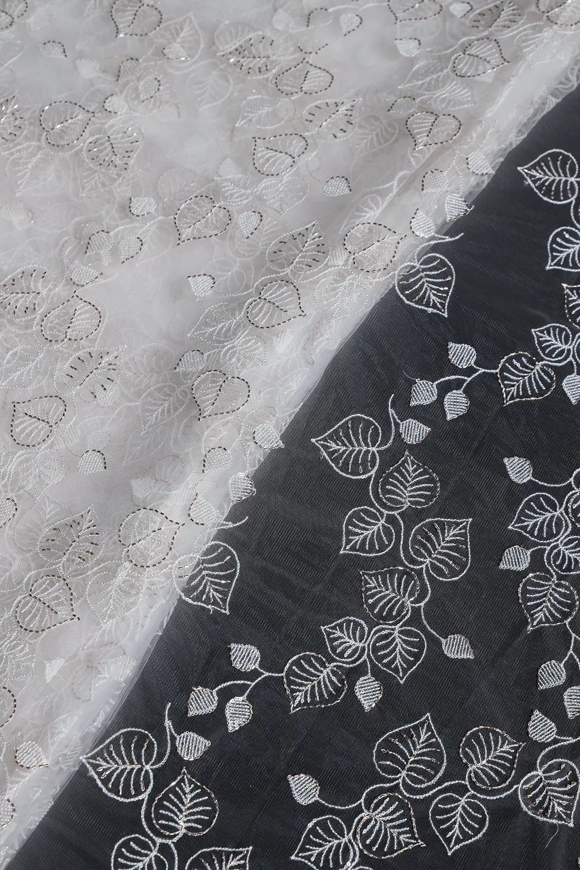 White Thread & Gold Beads With Water Sequins Floral Embroidery On Dyeable White Soft Net Fabric