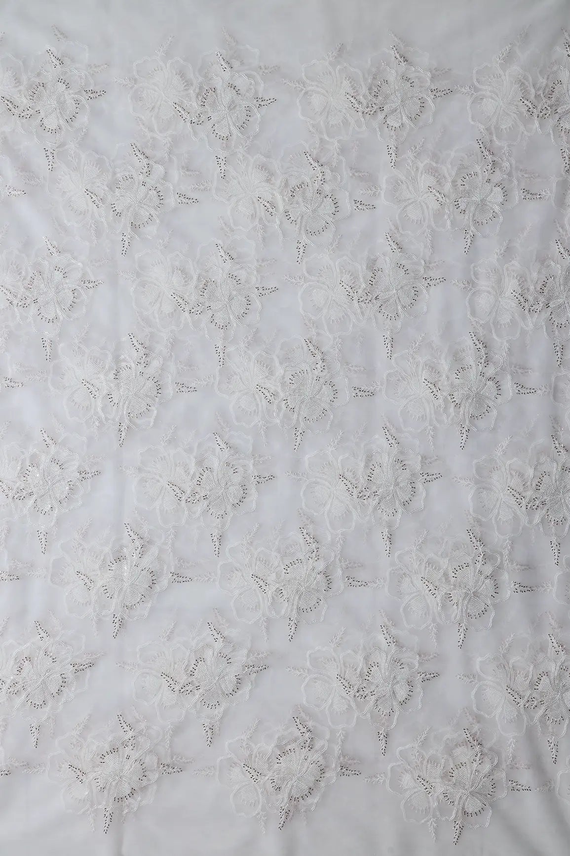 White Thread & Gold Beads With Water Sequins Floral Embroidery On Dyeable White Soft Net Fabric