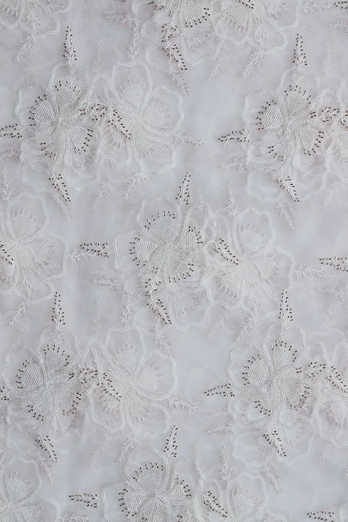 White Thread & Gold Beads With Water Sequins Floral Embroidery On Dyeable White Soft Net Fabric