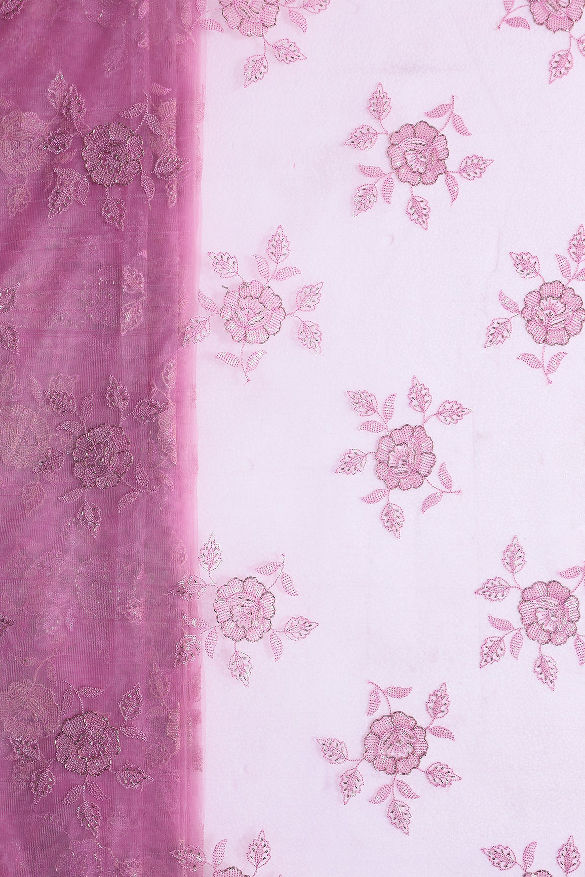 Onion Pink Thread & Beads With Water Sequins Floral Embroidery Work On Onion Pink Soft Net Fabric