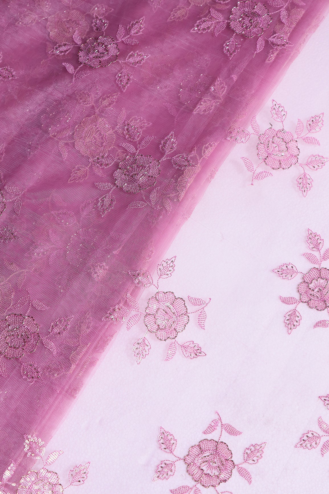 Onion Pink Thread & Beads With Water Sequins Floral Embroidery Work On Onion Pink Soft Net Fabric