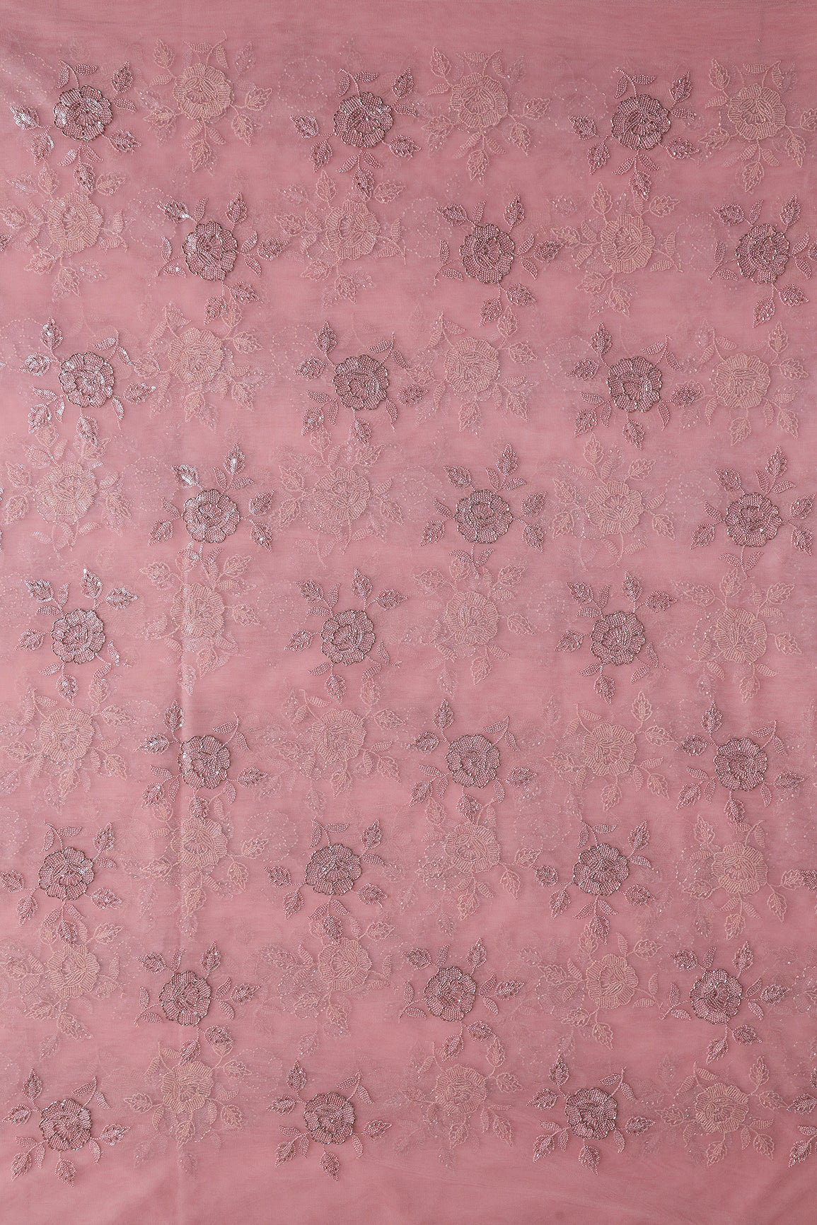 Dusty Pink Thread & Beads With Water Sequins Floral Embroidery Work On Dusty Pink  Soft Net Fabric