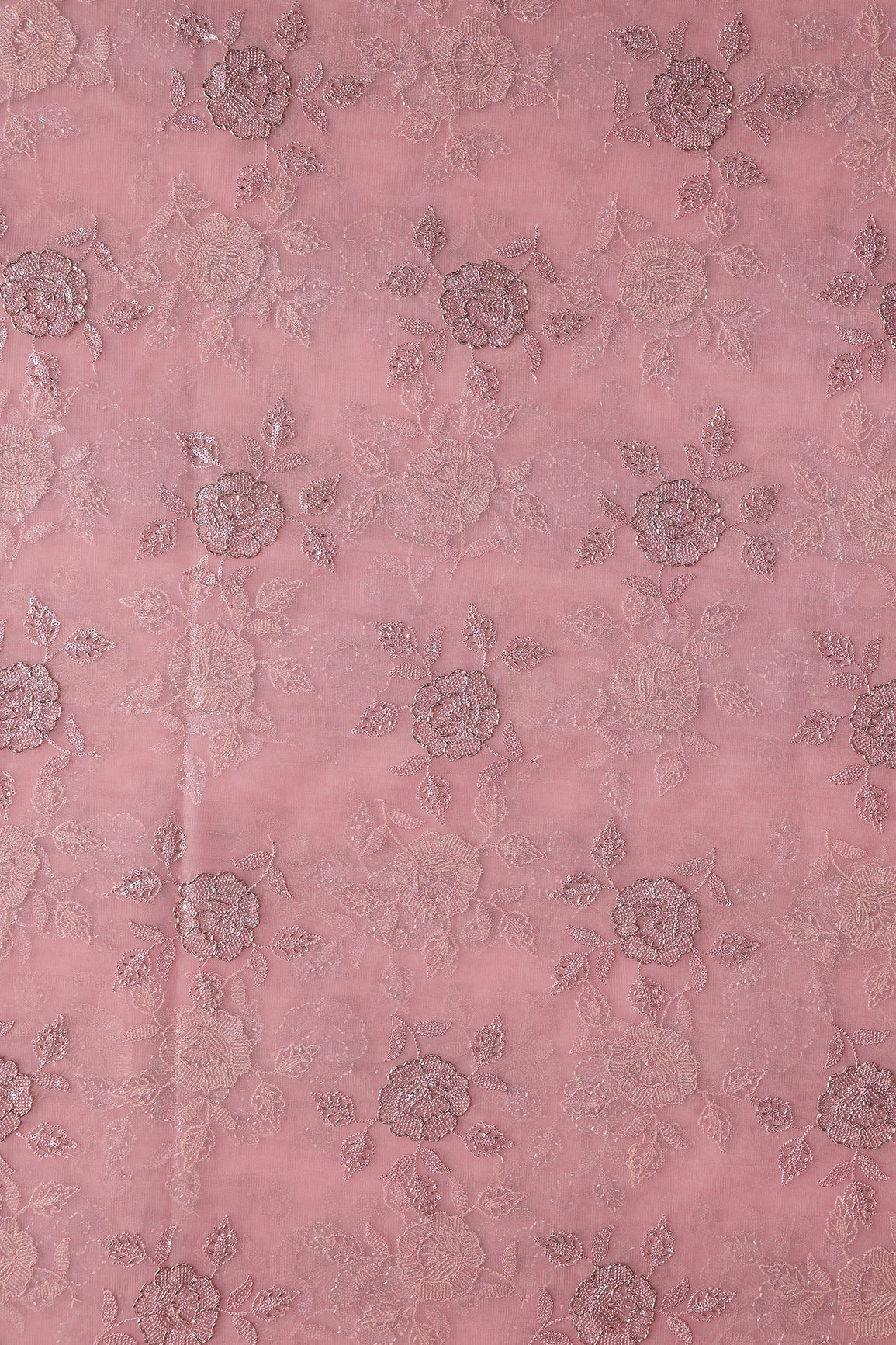 Dusty Pink Thread & Beads With Water Sequins Floral Embroidery Work On Dusty Pink  Soft Net Fabric