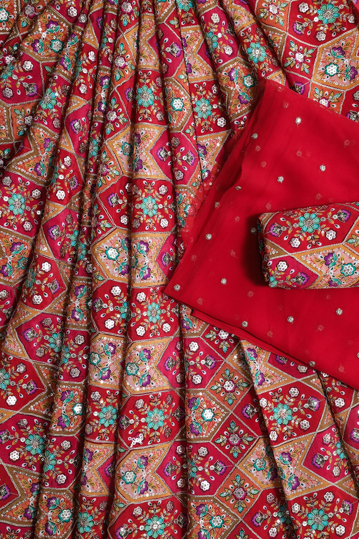Red Traditional with Gold Zari Embroidery Unstitched  Lehenga Set Fabric (3 Piece)