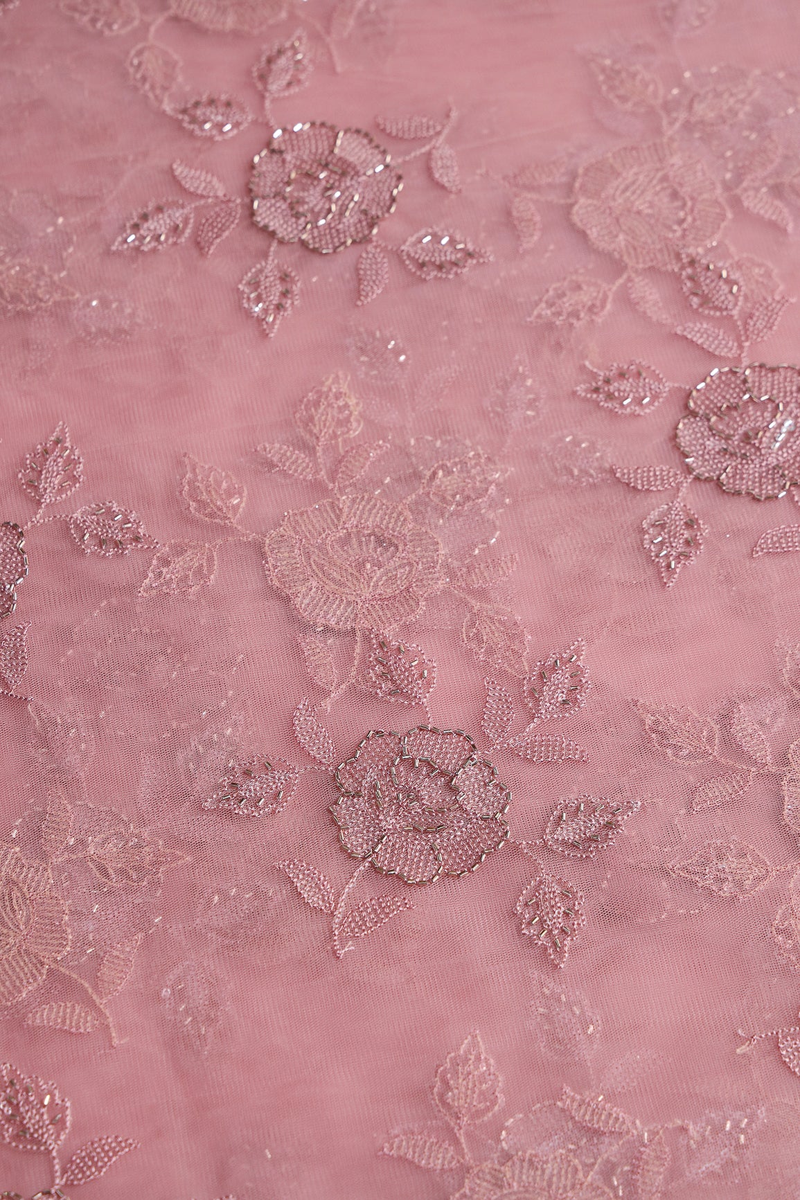 Dusty Pink Thread & Beads With Water Sequins Floral Embroidery Work On Dusty Pink  Soft Net Fabric