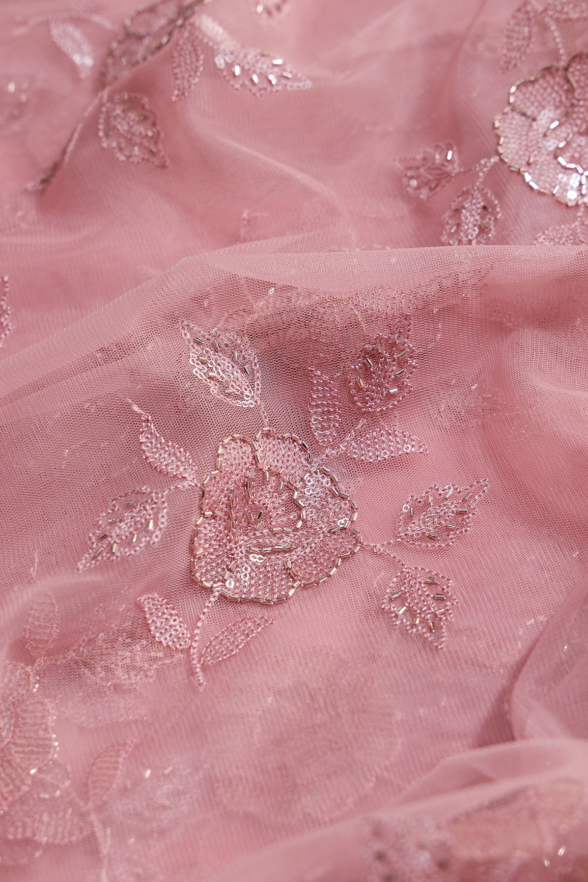 Dusty Pink Thread & Beads With Water Sequins Floral Embroidery Work On Dusty Pink  Soft Net Fabric