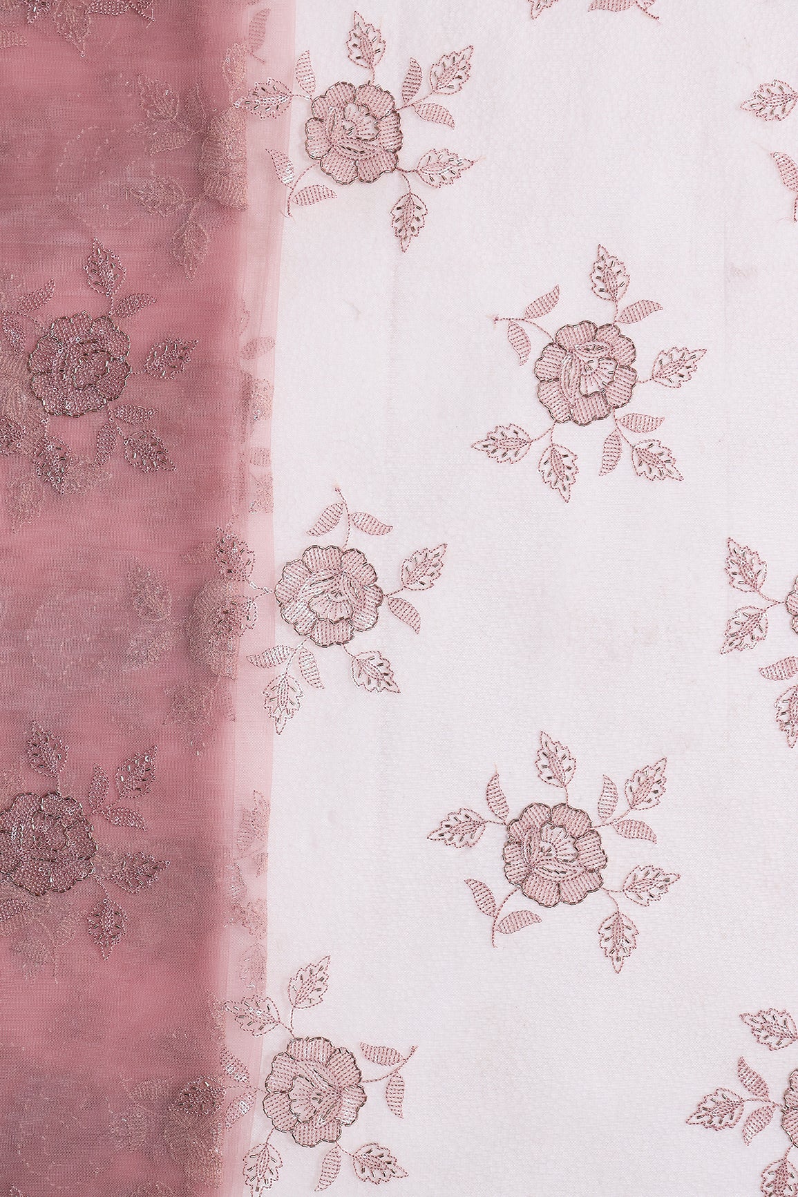 Dusty Pink Thread & Beads With Water Sequins Floral Embroidery Work On Dusty Pink  Soft Net Fabric