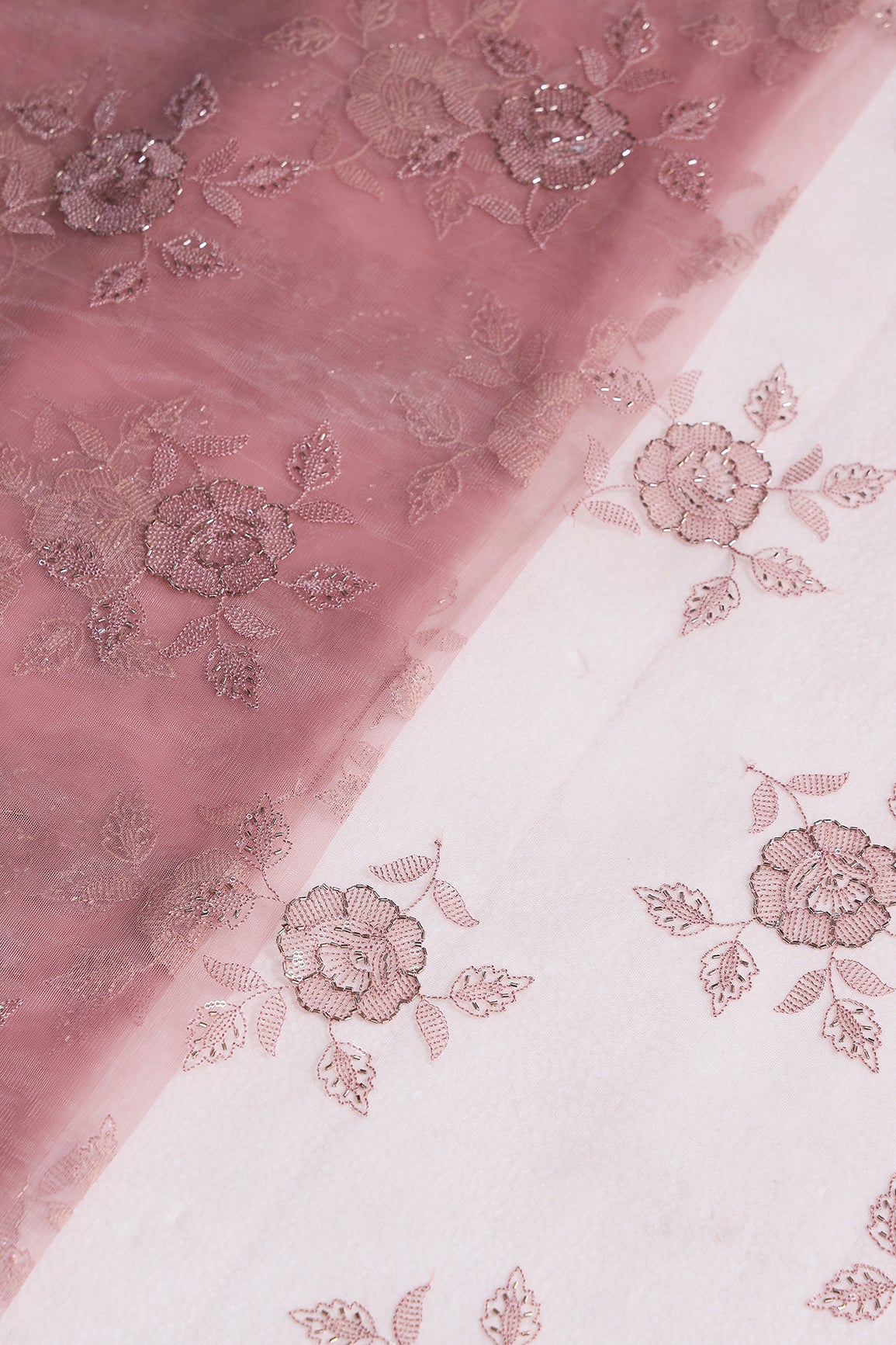 Dusty Pink Thread & Beads With Water Sequins Floral Embroidery Work On Dusty Pink  Soft Net Fabric