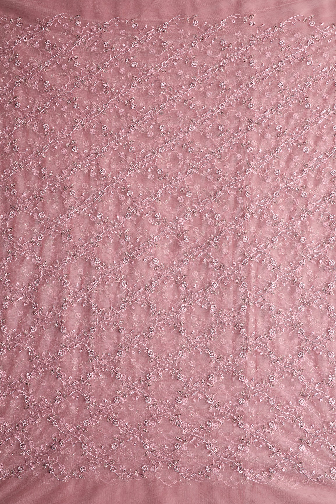 Dusty Pink Thread With Beads Floral Leafy Embroidery Work On Dusty Pink Soft Net Fabric