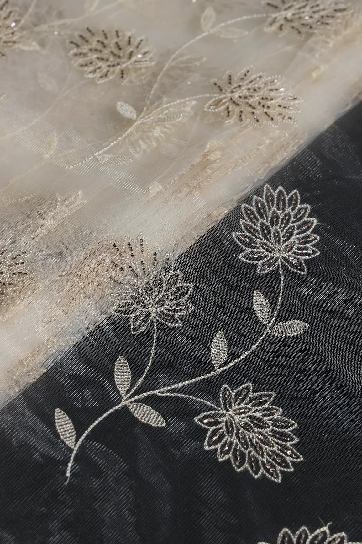 Off White Thread & Gold Beads With Water Sequins Floral Embroidery On Off White Soft Net Fabric